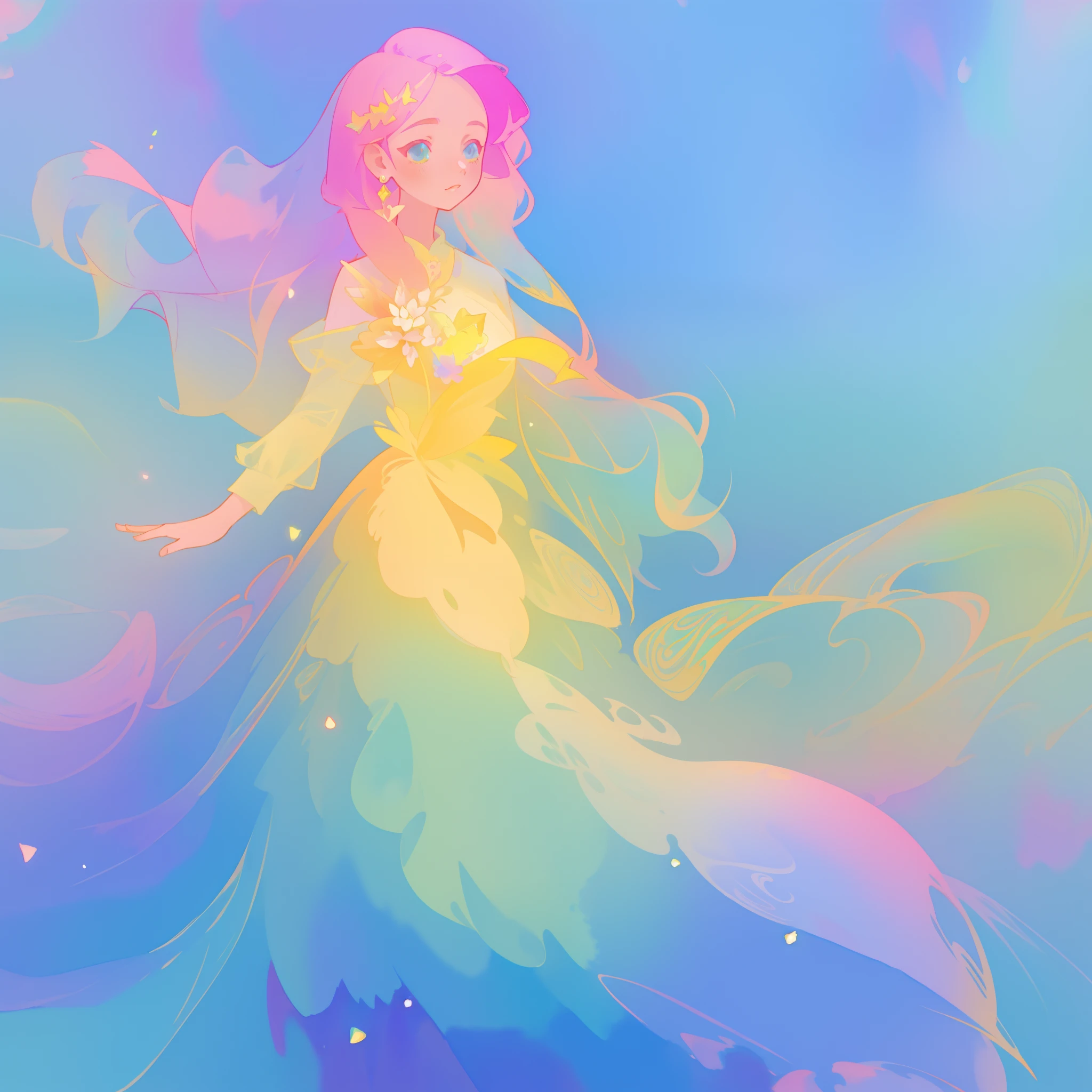 beautiful girl in flowing colorful gradient ballgown, puffy multi-layered ballgown, long flowing colorful hair, vibrant pastel colors, colorful, watercolor illustration, masterpiece, best quality, sharp focus, intricate detail, highly detailed, 8k resolution, beautiful face, golden ratio, perfection, fantasia background, otherworldly, whimsical, magical