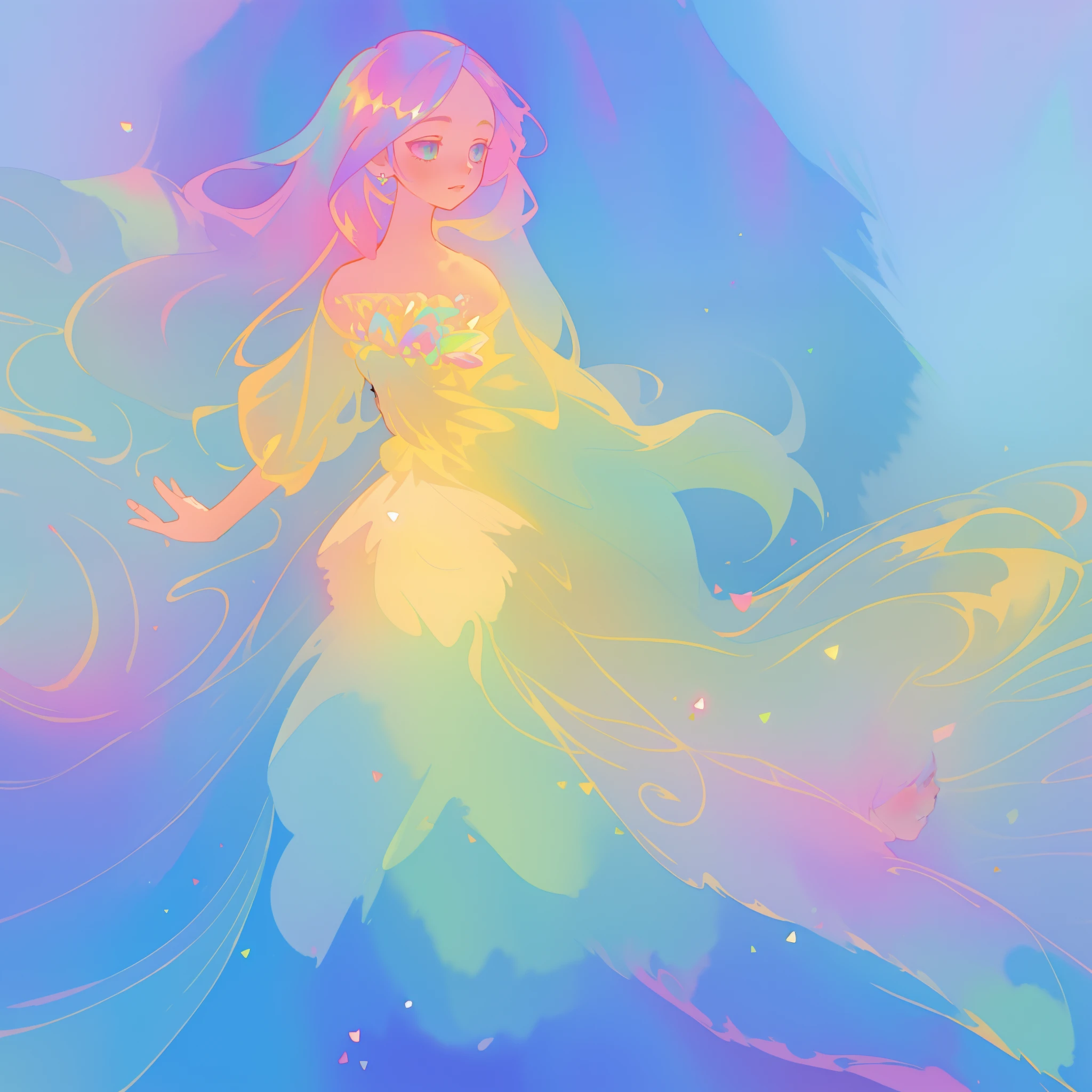 beautiful girl in flowing colorful gradient ballgown, puffy multi-layered ballgown, long flowing colorful hair, vibrant pastel colors, colorful, watercolor illustration, masterpiece, best quality, sharp focus, intricate detail, highly detailed, 8k resolution, beautiful face, golden ratio, perfection, fantasia background, otherworldly, whimsical, magical