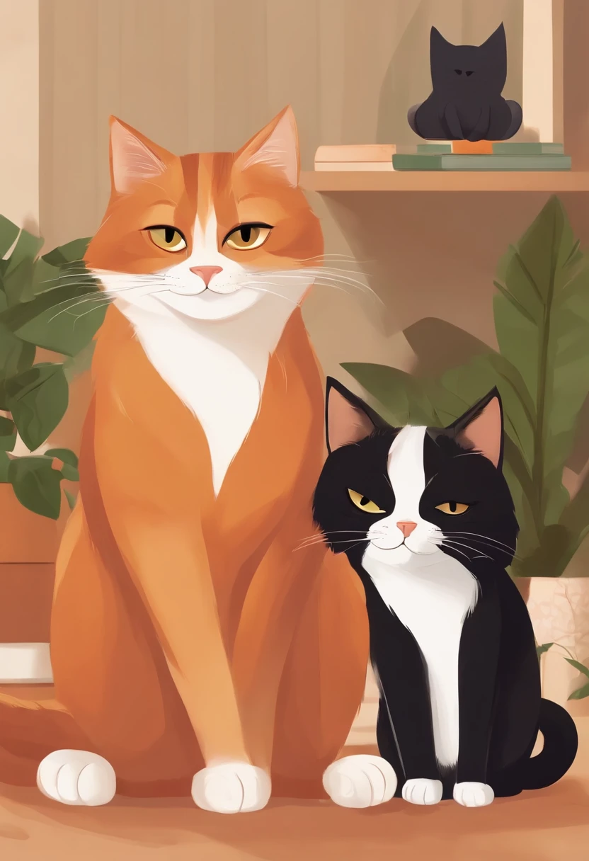 Pixar. somos um casal gay com dois gatos. First boy is white has black hair, olhos castanhos com 30 anos, rosto comprido, Cabelo curto, and athletic body. The second boy is a young man with dark blond hair, com 30 anos, magro, olhos verdes, e toca piano. They're both smiling, com um gato laranja, e uma gata totalmente preta, All together and happy as a family. They love their orange cats and the other cat is black