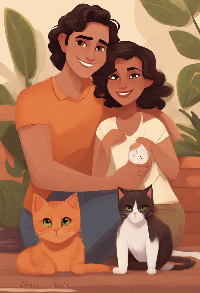 Pixar. somos um casal gay com dois gatos. First boy is white has black hair, olhos castanhos com 30 anos, rosto comprido, Cabelo curto, and athletic body. The second boy is a young man with dark blond hair, com 30 anos, magro, olhos verdes, e toca piano. They're both smiling, com um gato laranja, e uma gata totalmente preta, All together and happy as a family. They love their orange cats and the other cat is black