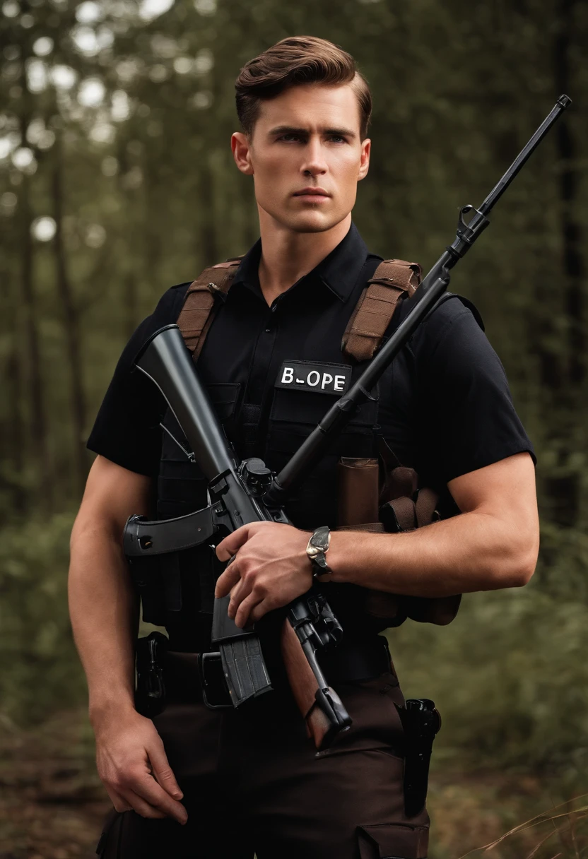BOPE officers dressed in black vest and British face, brown eyes and brown hair and a rifle in hand