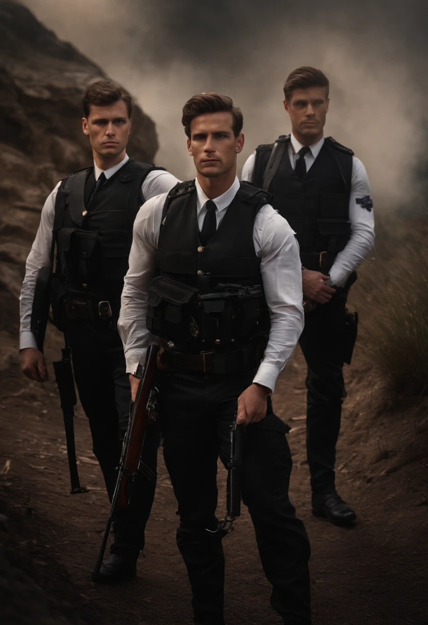 BOPE officers dressed in black vest and British face, brown eyes and brown hair and a rifle in hand