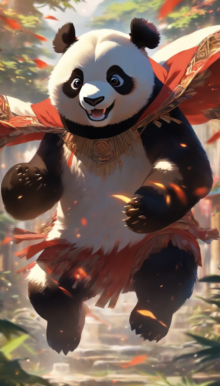 best quality, a male panda, with red eyes, red and black costume, with a white fur smile, in the middle of an oasis, doing a flying