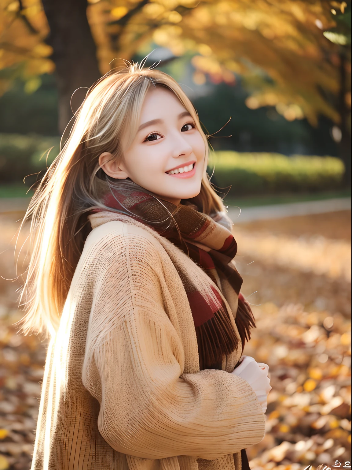 top-quality、​masterpiece、(Photorealsitic:1.4)、1girl in、smile eyes、(ulzzang -6500-v1.1:1.0)、a blond、Brown eyes、22year old、Beautuful Women、女優、Autumn clothes、full bodyesbian