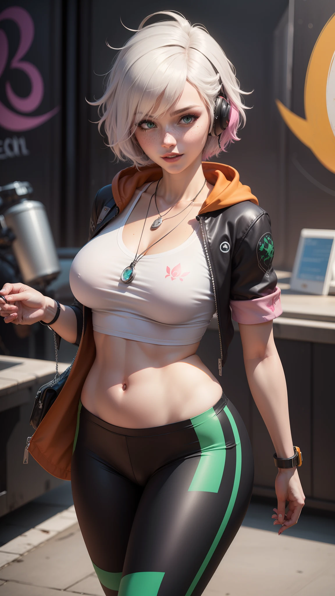 gwen tennyson,tracer,y'shtola rhul,yorha 2b,overwatch,nier automata,mecha pilot,concert stage,tattoos,orange and pink plugsuit,white short sleeve lycra top,white cargo leggings,uncovered belly,short hair,punk makeup,green eyes,multicolored silver hair,sexy smile,freckles,beautiful girl,large breasts,8k,ultra detailed,realistic,fantasy art,kpop idol,ear piercings,kpop outfit,saiyan girl,short sleeve kpop hoodie,graffiti wall art,walking,dog tag necklace,concert headset,