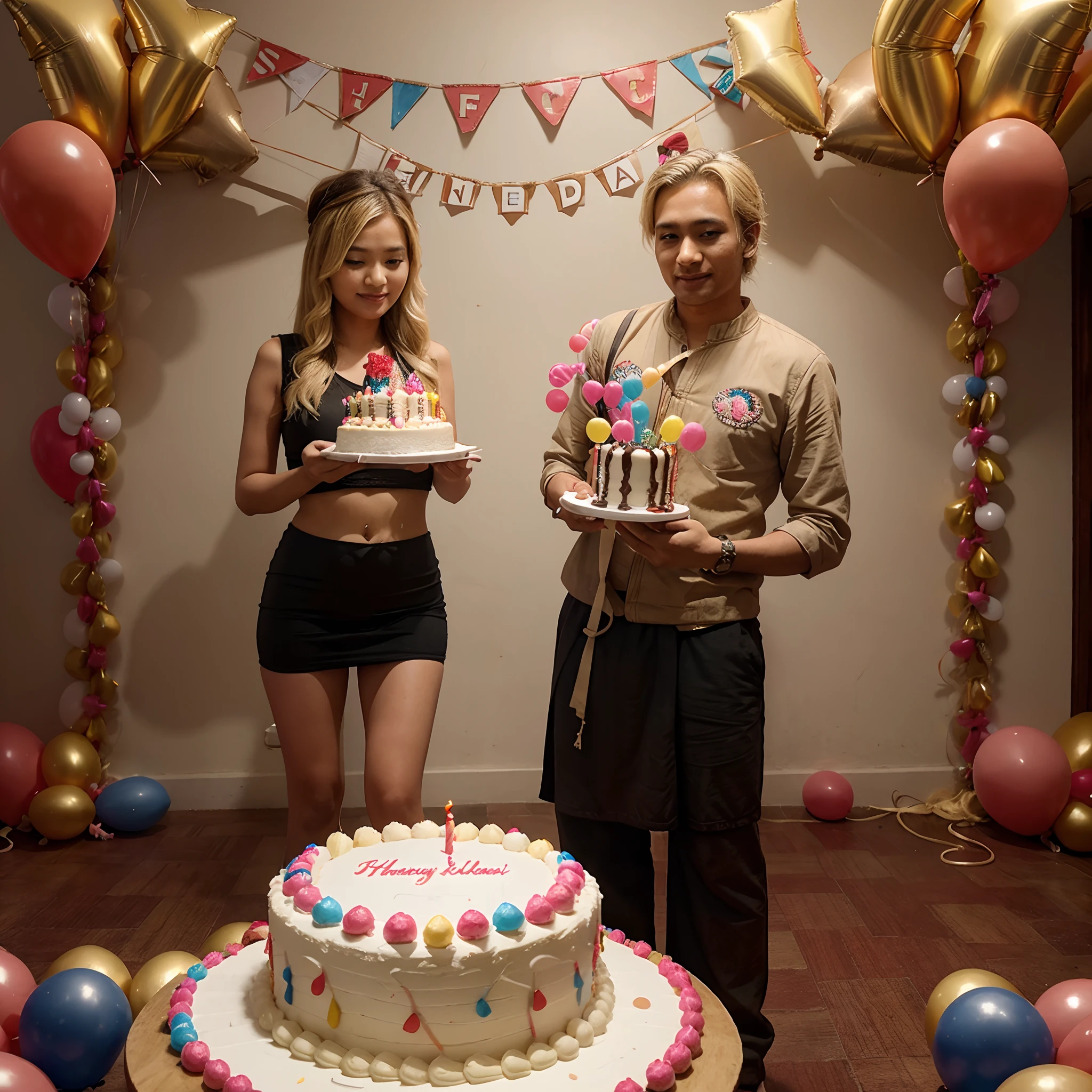 nepali blonde girl celebrating her birthday with her husband , cake and balloons decoration background