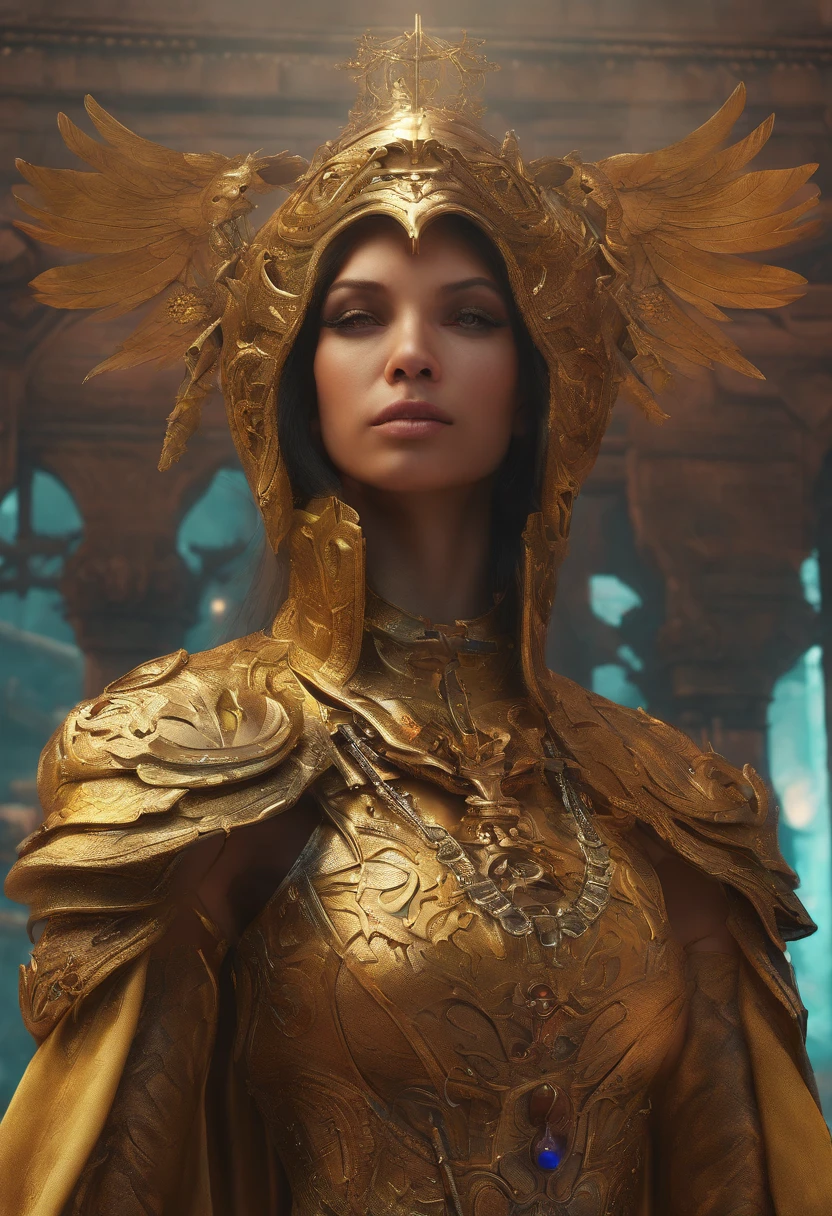 A colorful raven in a costume in the gothic city of Artgerm, h. r. Giger y Beksinski, Altamente detallado, Vibrante, production cinematic character render, Modelo de ultra alta calidad, futuristamáquina steampunk, Metal needles, small details, Estilo medieval, RPG, 4k, hiperrealista. Round metal body, brazos largos, fuerte, manos fuertes, Paisaje medieval, Un extremadamente peculiar, surrealista, Encantadora imagen que muestra a un hombre fuertemente armado., Sf, Obra maestra de arte intrincada, ominoso, matte paint movie poster, golden ratio, tendencias en CGSociety, intrincado, epopeya, tendencias en Artstation, por artgerm, h. r. Giger y Beksinski, Altamente detallado, Vibrante, production cinematic character render, Modelo de ultra alta calidad