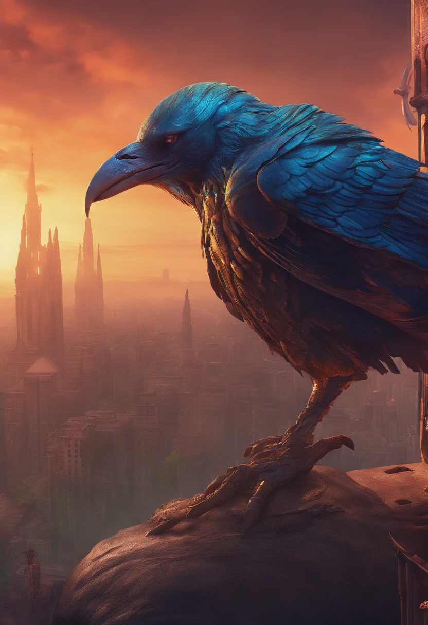 A colorful raven in a costume in the gothic city of Artgerm, h. r. Giger y Beksinski, Altamente detallado, Vibrante, production cinematic character render, Modelo de ultra alta calidad, futuristamáquina steampunk, Metal needles, small details, Estilo medieval, RPG, 4k, hiperrealista. Round metal body, brazos largos, fuerte, manos fuertes, Paisaje medieval, Un extremadamente peculiar, surrealista, Encantadora imagen que muestra a un hombre fuertemente armado., Sf, Obra maestra de arte intrincada, ominoso, matte paint movie poster, golden ratio, tendencias en CGSociety, intrincado, epopeya, tendencias en Artstation, por artgerm, h. r. Giger y Beksinski, Altamente detallado, Vibrante, production cinematic character render, Modelo de ultra alta calidad