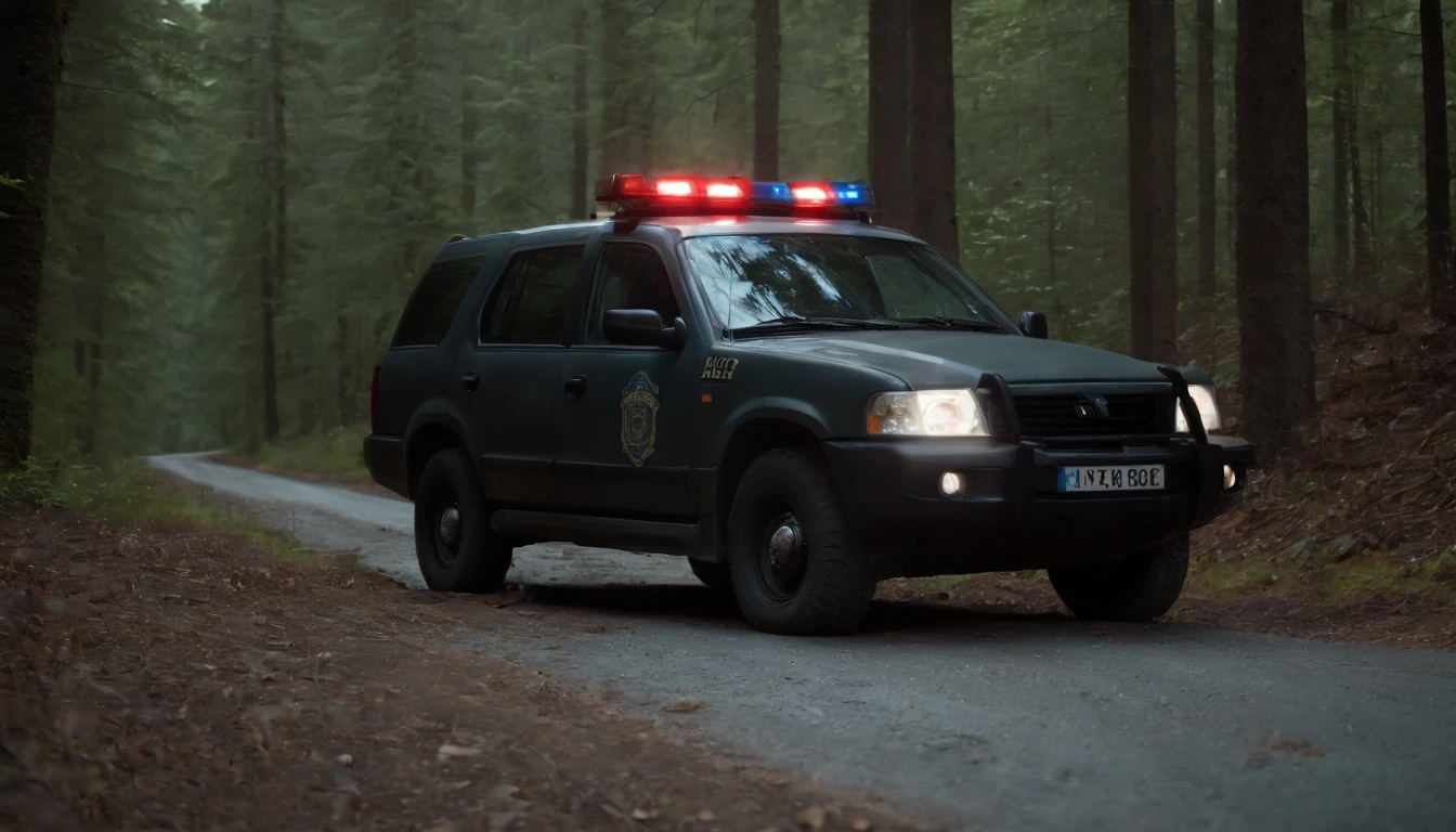 Two police officers from France, lost in the middle of a road in the forest at night, the police vehicle has barbed wire on its rear tires, photorealistic, cinematic effects, CGI, VFX, SCI-FI, 4K