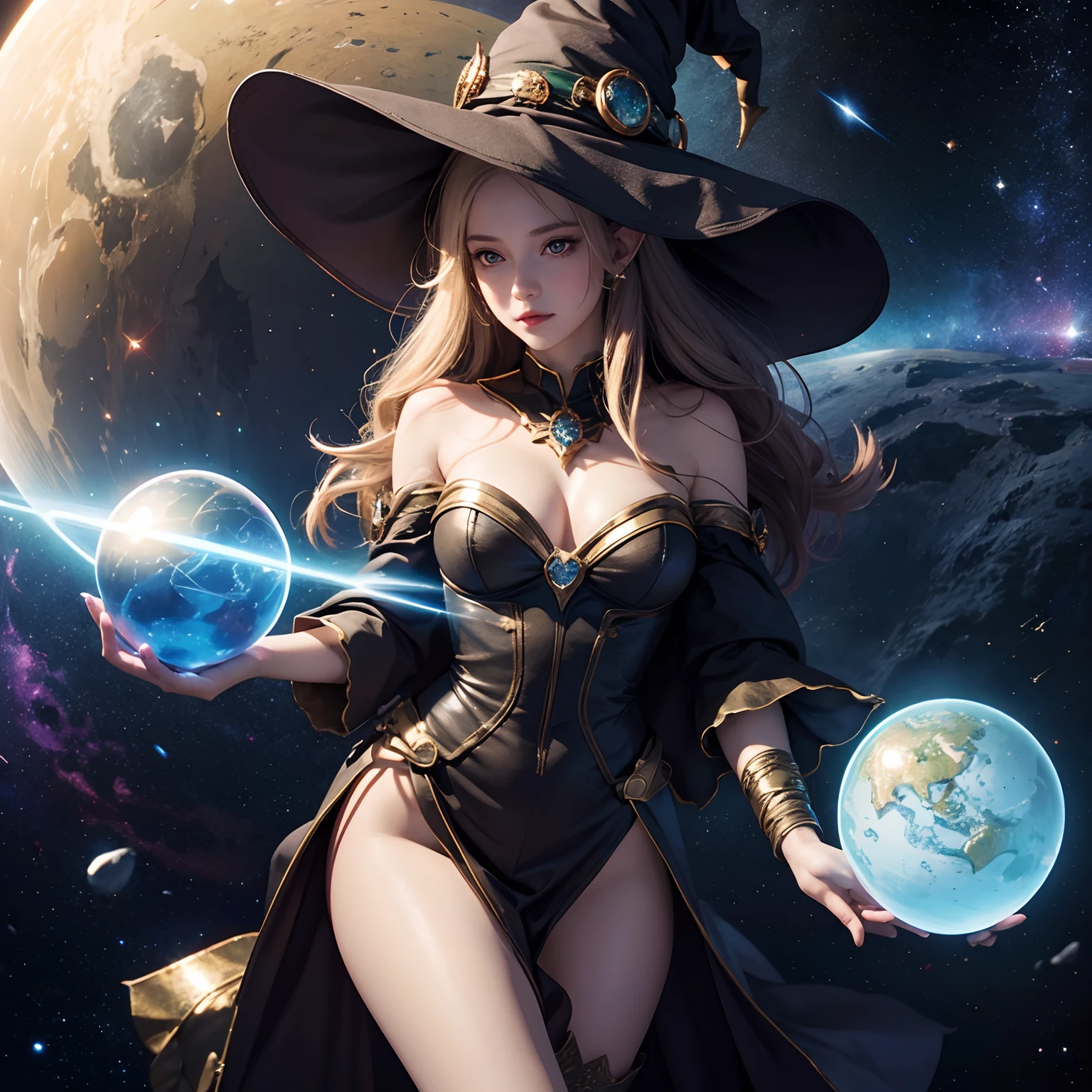 best quality, highres, 1girl, elf, witch hat, floating in space, energy sphere, light particles, shiny hair, shining stars, fantasy,