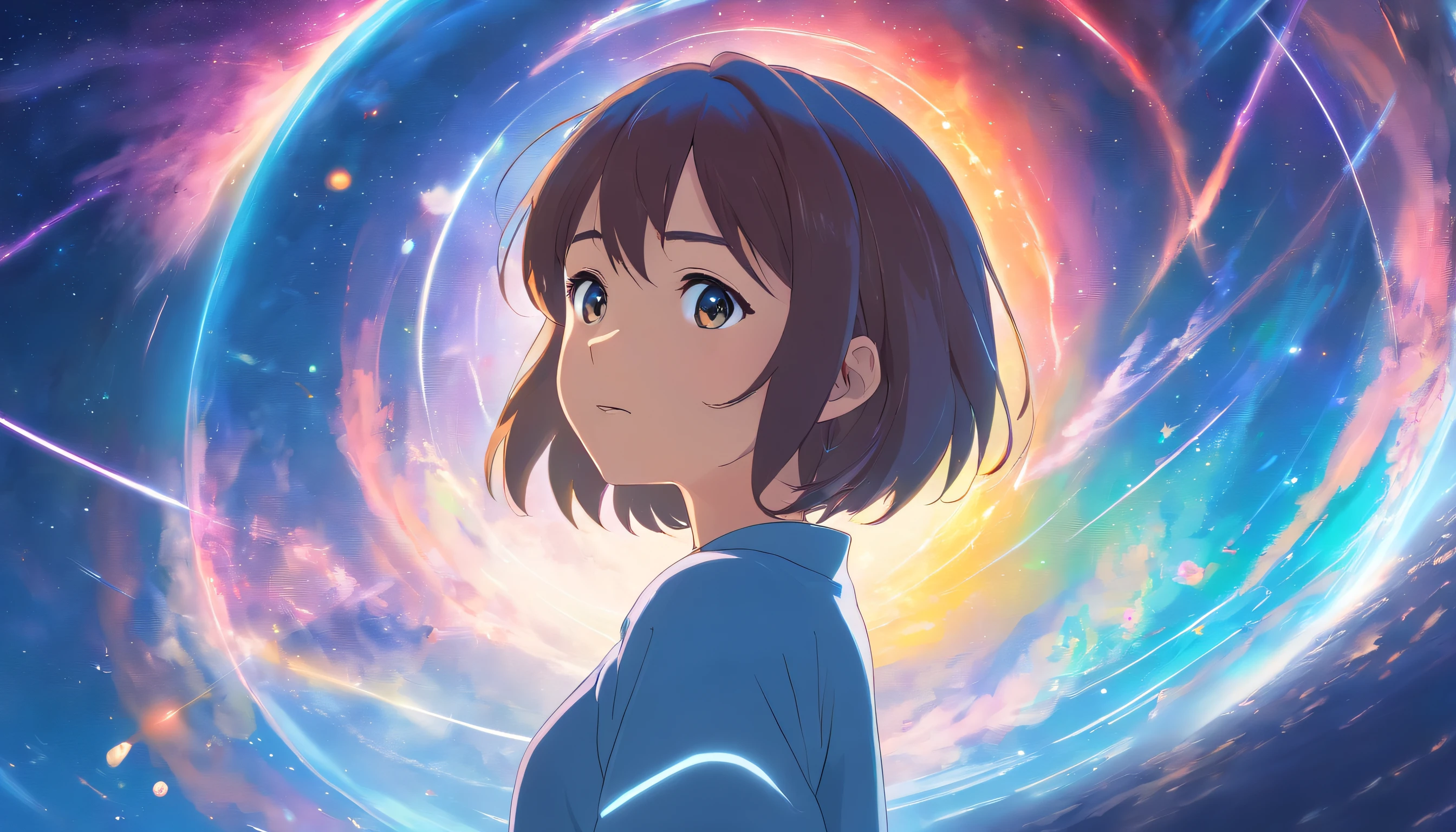 Anime Girl in space with text stop overthiking, dreamy psychedelic anime, esmagador, Elogio Artstyle, aesthetic award winning anime, Arte no estilo de Guweiz, arte em alta de anime, Transbordando, portrait anime space cadet girl, anime asthetic, anime inspiration, Arrogante, pixiv trending, anime aesthetic, ( ( Makoto Shinkai ) )