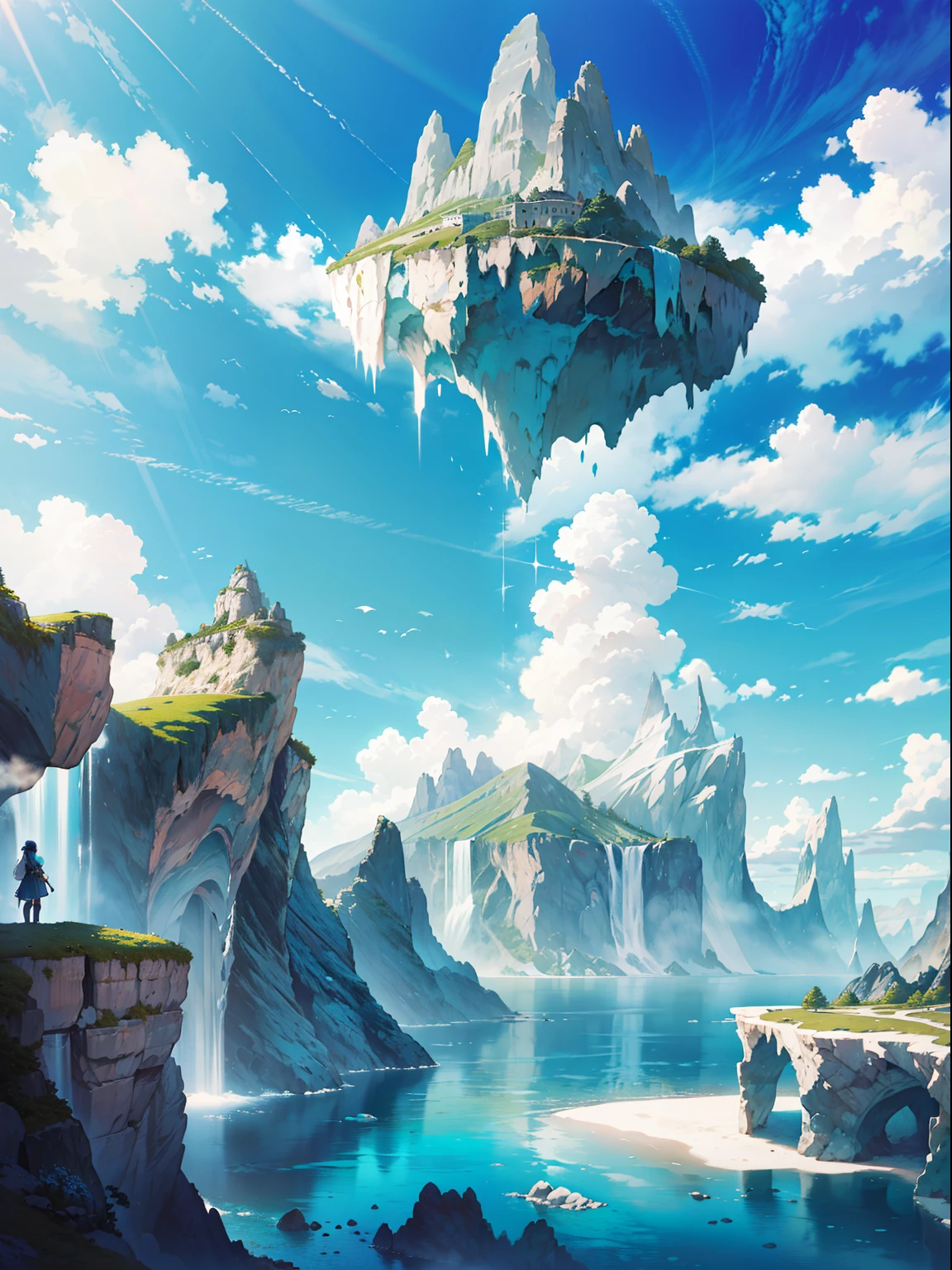 ({{A high resolution,}},Masterpiece,Ultra-detailed,Best quality,8K)Cloud, sky, scenery, day, Blue_sky, Mountain, Cloudy_sky, Outdoors, waterfallr, fantasy, horizon, cliff, rock music, water, landscape, mountainous_horizon, Ocean, tree, River, Floating_Island