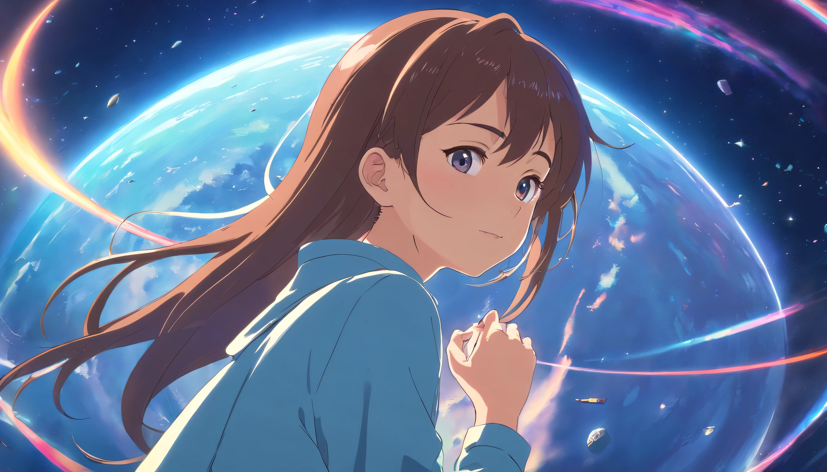 Anime Girl in space with text stop overthiking, dreamy psychedelic anime, esmagador, Elogio Artstyle, aesthetic award winning anime, Arte no estilo de Guweiz, arte em alta de anime, Transbordando, portrait anime space cadet girl, anime asthetic, anime inspiration, Arrogante, pixiv trending, anime aesthetic, ( ( Makoto Shinkai ) )