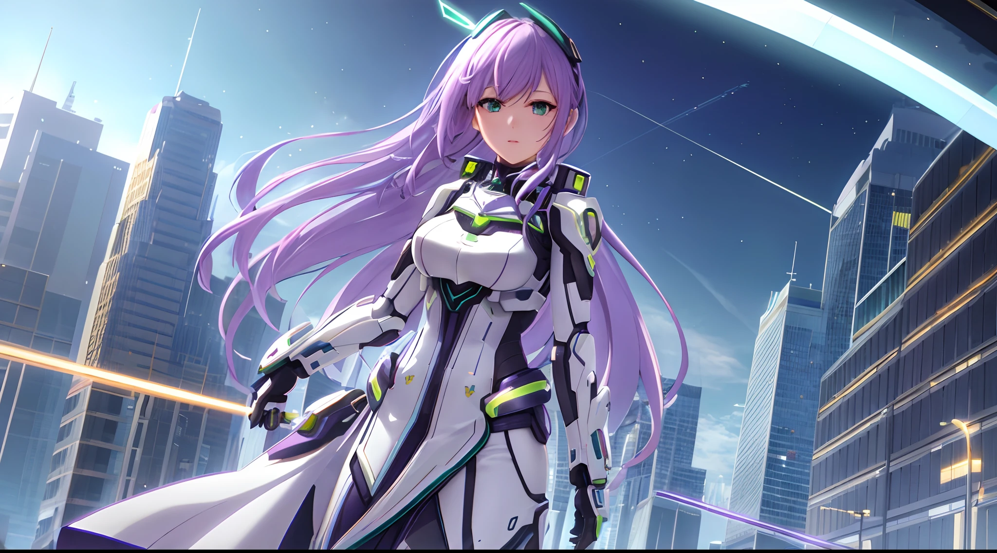 Athena with plain long light purple hair,hair between eyes,green eyes,rosy cheeks,full lips,thin eyebrows,slender body,wearing futuristic bionic prosthetics armor and full long skirt,cute anime girl,full body,futuristic city skyscrapers in background,anime style,extremely deep depth of field,Lumen Reflections,Screen Space Reflections,Diffraction Grading,Chromatic Aberration,GB Displacement,Scan Lines,Ray Traced,Anti-Aliasing,FXAA,TXAA,RTX,SSAO,Shaders,OpenGL-Shaders, GLSL-Shaders,Post Processing,Post-Production,cell Shading,Tone Mapping,CGI,VFX,SFX,insanely detailed and intricate, 4K,standing, solo, masterpiece, best quality, detailed face, detailed eyes, highres, standing, solo,masterpiece, best quality