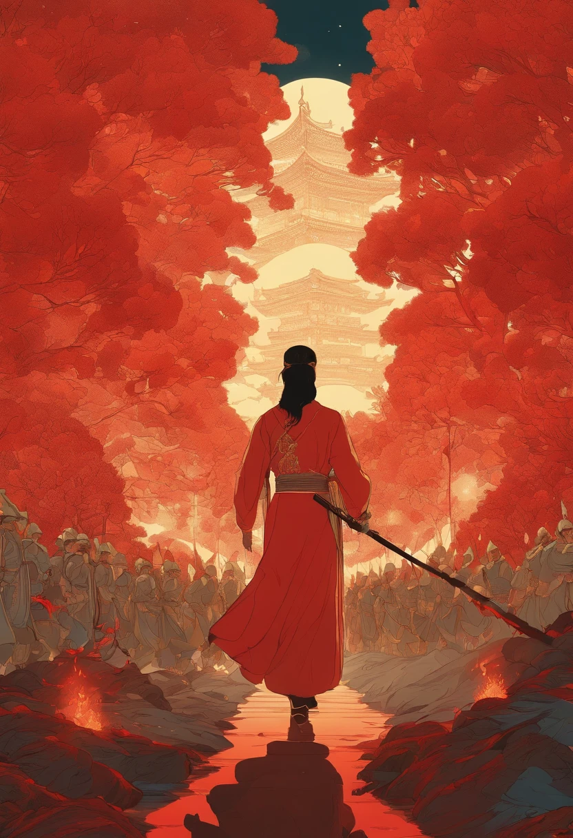 Light of Faith poster, Deviant-art, Sots Art, Official artwork, Light of Hell, official poster artwork, ( ( victo ngai ) ), ,anime still film anime shikishi,Nezha painting style ,Compile art,A squad of troops marched forward,Surrounded by red flames,red colour,A red volcano erupts in the middle