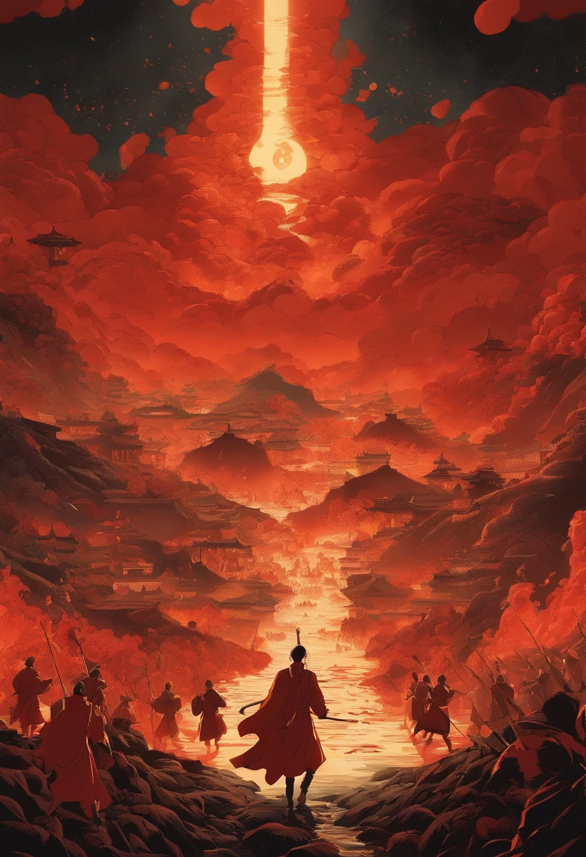 Anime scene of a man with a sword and a building, background artwork,Ancient Chinese Battlefield，Cold weapons，Brutal battlefield，Broken flag，Crimson sky