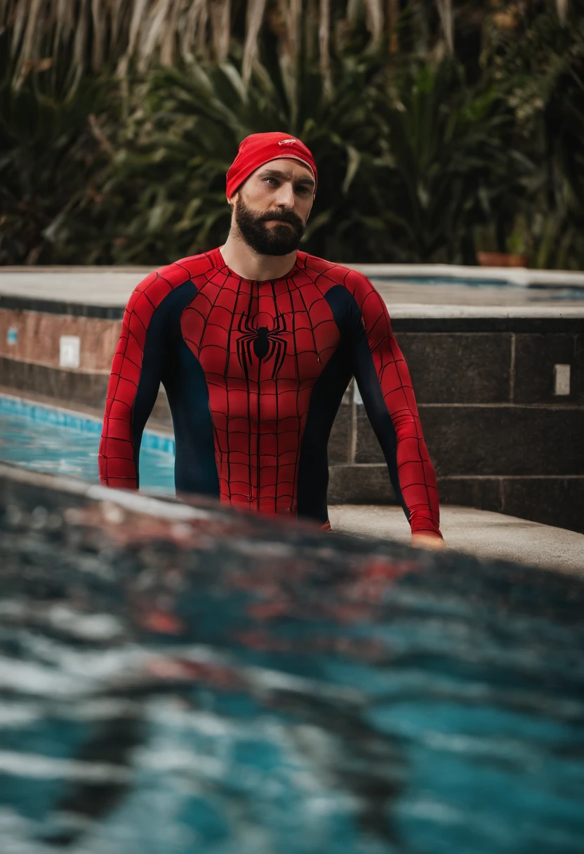 A young and bearded swimming teacher, with Spiderman shirt and Spiderman swim cap, na beira da piscina, Watching the kids swim.