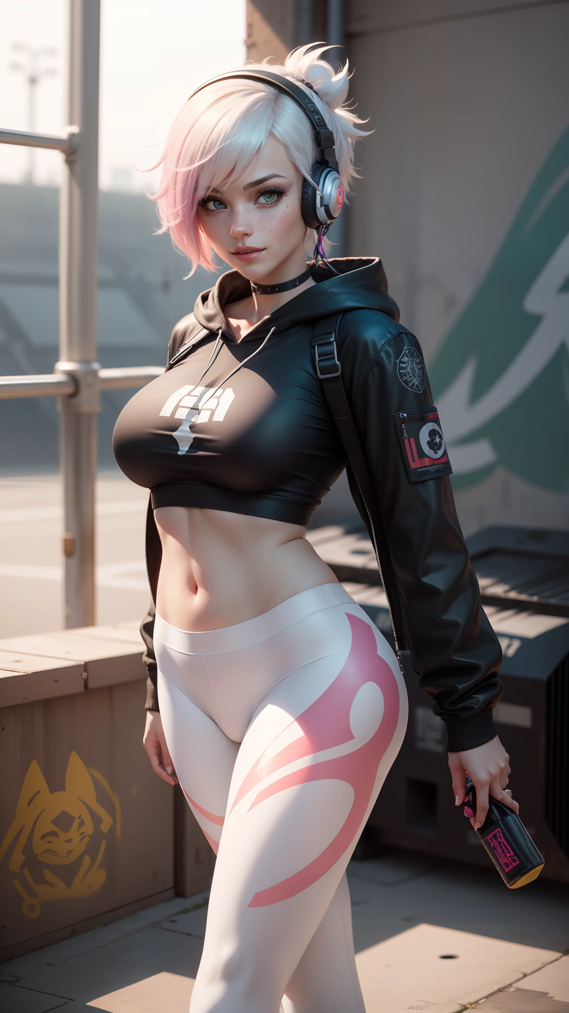 gwen tennyson,tracer,y'shtola rhul,yorha 2b,overwatch,nier automata,mecha pilot, concert stadium,tattoos,orange and pink plugsuit,white short sleeve lycra top,white cargo leggings,uncovered belly,short hair,punk makeup,green eyes,multicolored silver hair,sexy smile,freckles,beautiful girl,large breasts,8k,ultra detailed,realistic,fantasy art,rock star,ear piercings,metal band uniform,saiyan girl,short sleeve punk hoodie,graffiti wall art,walking,dog tag necklace,concert headset,