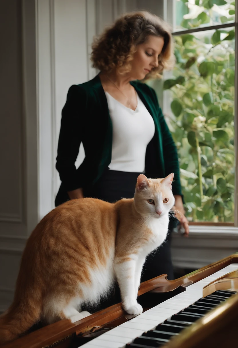 Pianista com 30 anos, branco, magro, alto, olhos verdes, cabelo loiro escuro, 30 anos, com gato laranja, e gata totalmente preta, Cats are like children