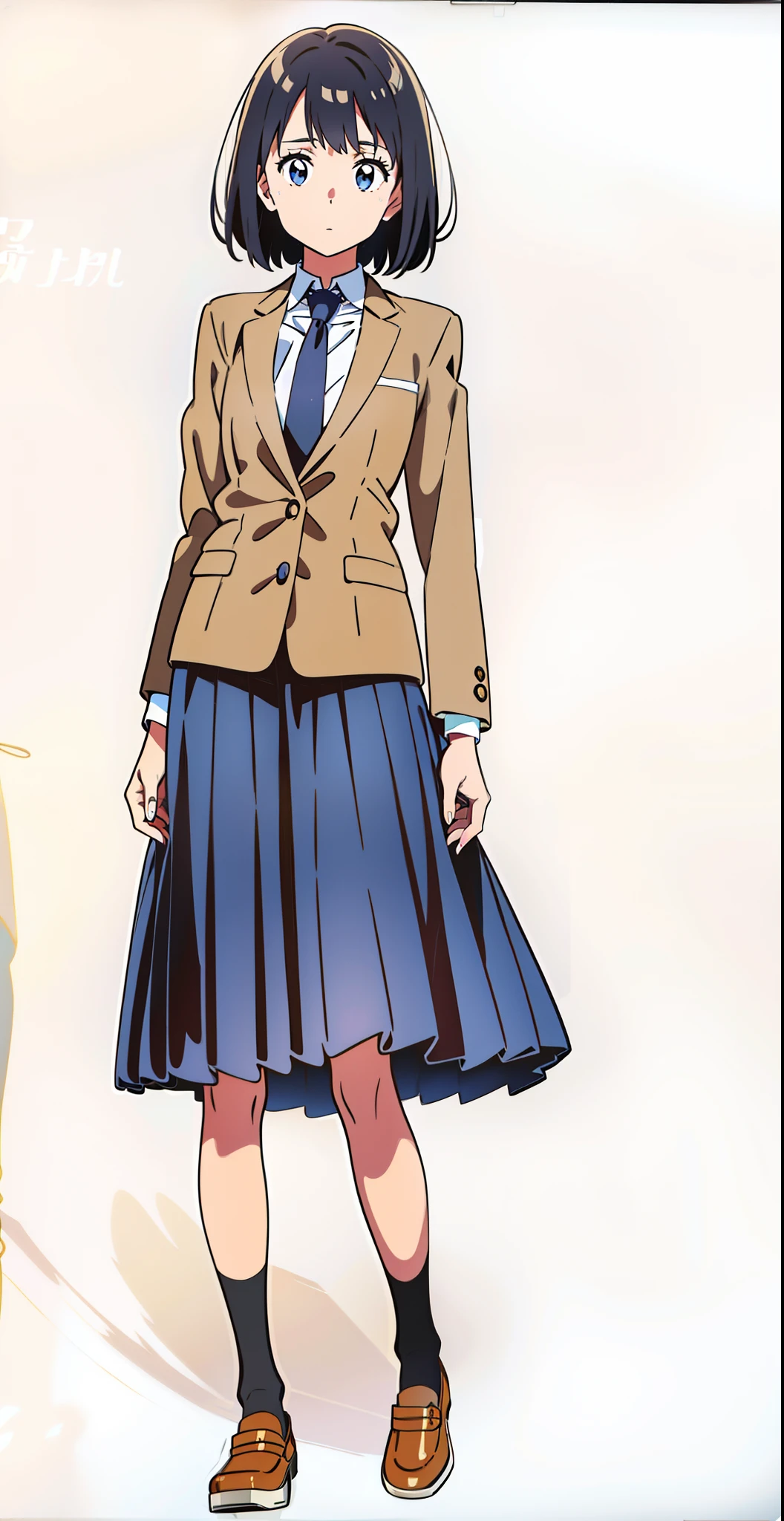 (tareme:1.0), (ideal ratio body proportions:1.0), (looking at viewer:1.0), (white background:1.0), (best quality:1.0), (masterpiece:1.0), (full body:1.0), (solo:1.0), (a 18yo cute girl:1.0), (long skirt:1.0), (dark blue skirt:1.0), (pleated skirt:1.0), (school uniform beige blazer:1.0), (dark blue necktie:1.0), (black socks:1.0), (loafers:1.0), (lanky:1.0), (tall:1.0), (slender:1.0), (small breasts:1.0), (detailed beautiful eyes:1.0), (detailed beautiful face:1.0), (glowing black eyes:1.0), (bob cut hair:1.0), (black hair:1.0)