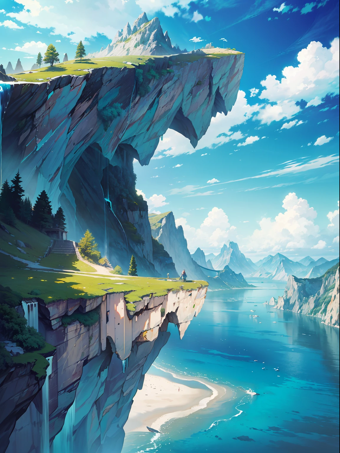 ({{A high resolution,}},Masterpiece,Ultra-detailed,Best quality,8K)Cloud, sky, scenery, day, Blue_sky, Mountain, Cloudy_sky, Outdoors, waterfallr, fantasy, horizon, cliff, rock music, water, landscape, mountainous_horizon, Ocean, tree, River, Floating_Island
