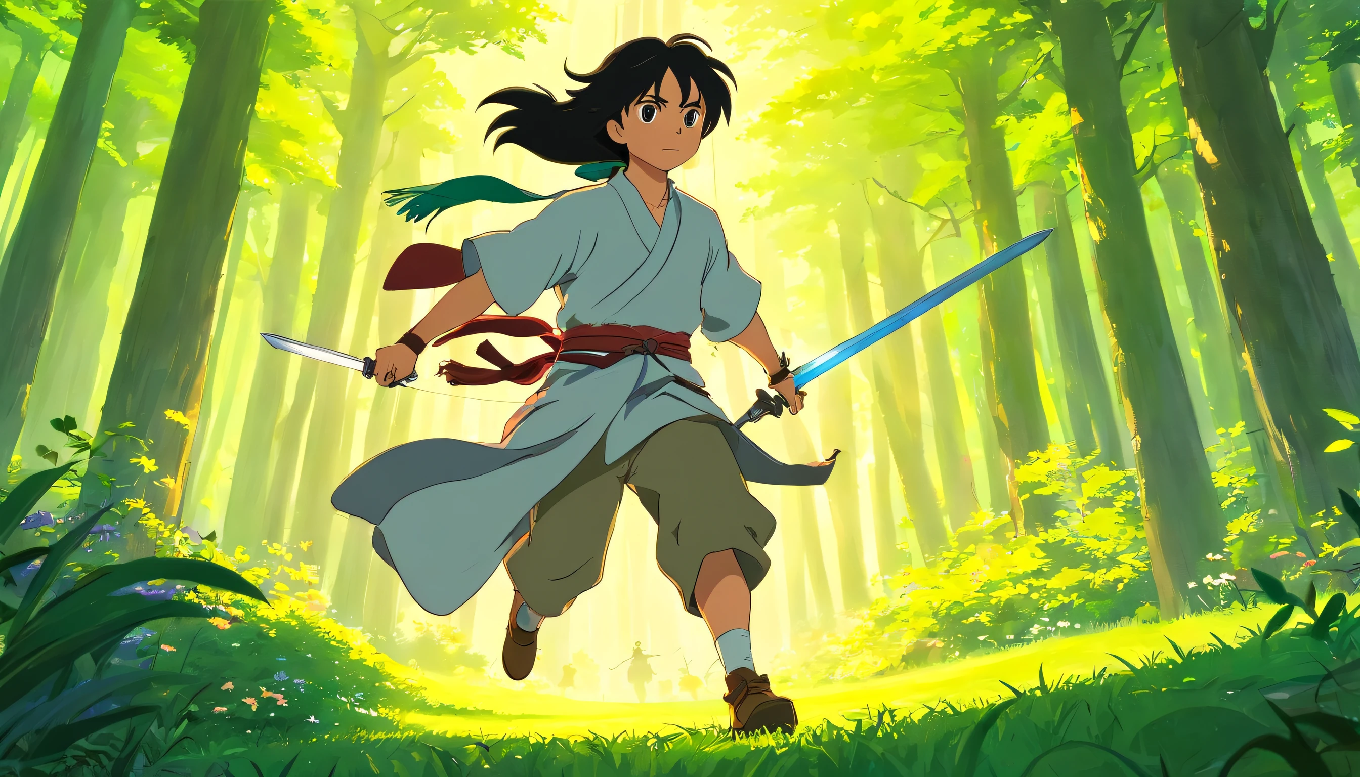 (artwork), (masterpiece), (detailed eyes), (shading), (extremely detailed CG 8k unity wallpaper), (wit studio indirect lighting), (amazing drawn illustration), (best illustrative performance)Mountains as far as the eye can see,Shaded by trees,The sun shines on the top of the mountain。A young and brave swordsman,Stand on top of the mountain with passion and perseverance,He is practicing his swordsmanship,The sword light flickered,Long black hair fluttering in the wind