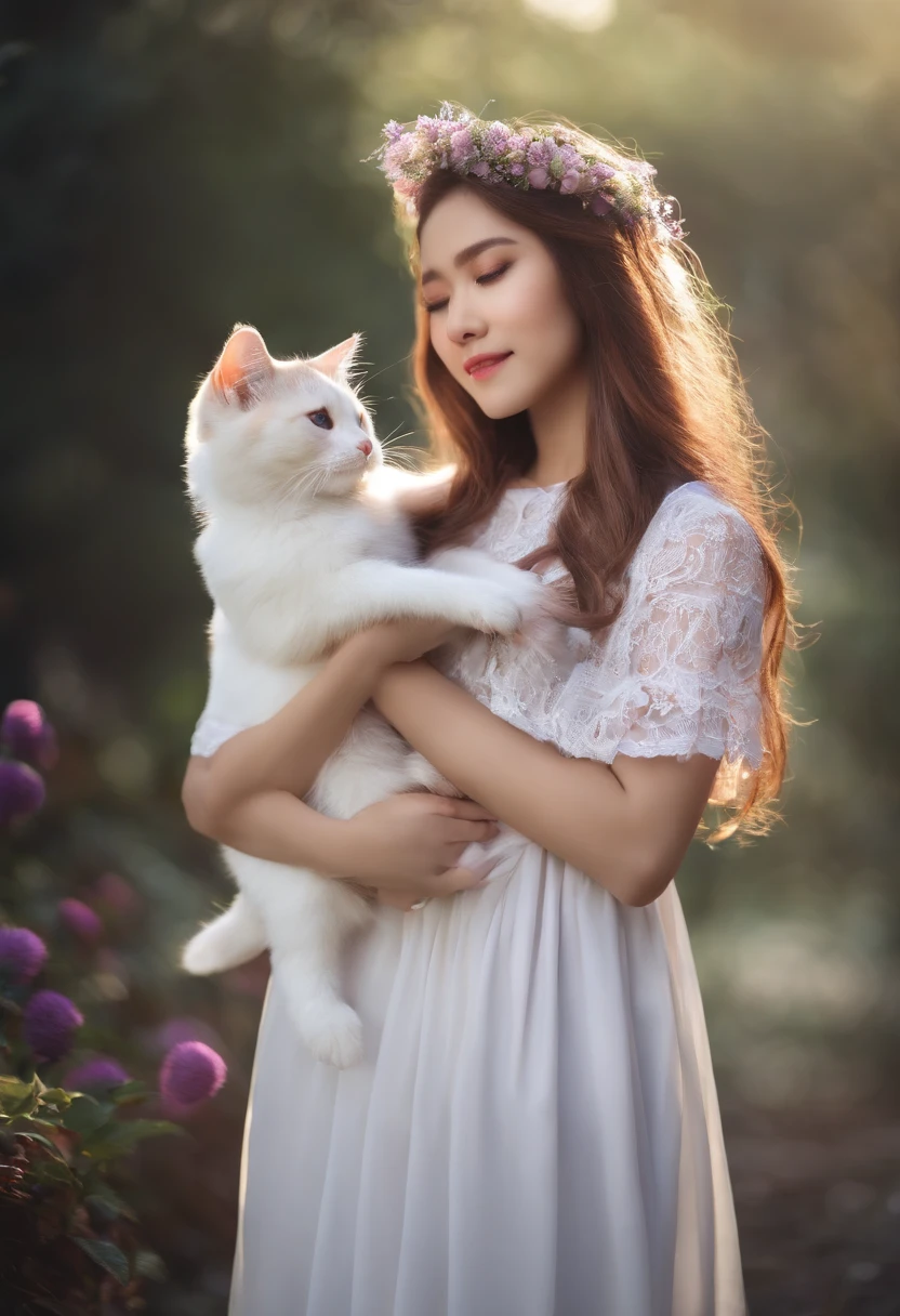 (best qualtiy,A high resolution),1girll,front-facing view,appropriatelydressed,Holding a cute little white cat,Long purple hair,Silver-white clothes,Yellow warm light background,Heartwarming scene,The head leaks out completely。