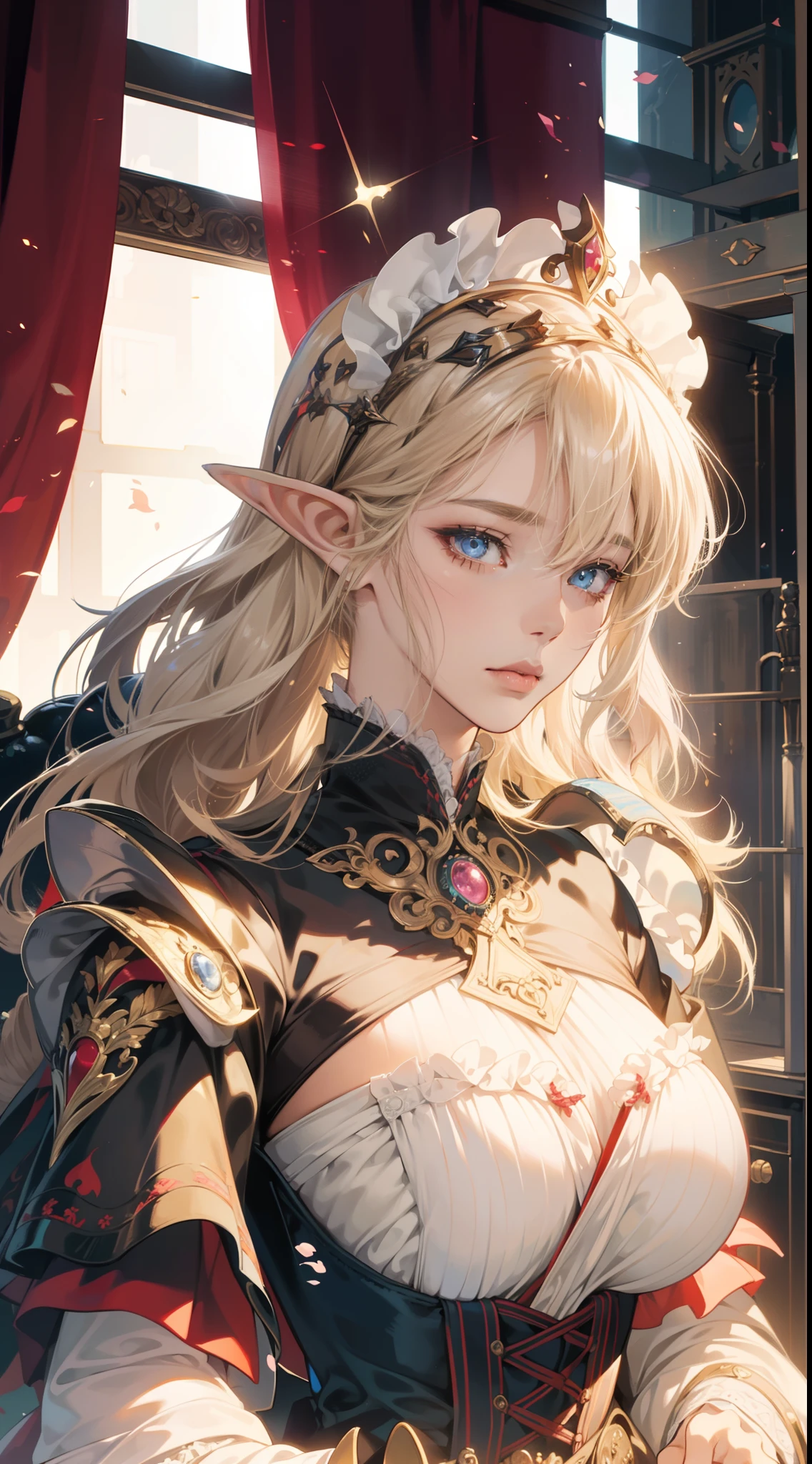 a portrait of Elf, brilliant background, ((1girl)), Victoria black maid dress, Very detailed illustration of an a beautiful Extremely cute elf race face with ((short white blonde hair)), asymmetrical bangs, insanely detailed face and eyes, Perfect lips, ((perfect body)), ((medium breast)), maid-like headdress, victorian armored with ruffled dress in pink, beside the pool, fantasy, cartoonish vector, anime, manga, (cel-shaded) flat coloring, dramatic, cinematic lighting, fine expression, fine detail, fantasy art, illustration, masterpiece, digital art, drawing, digital art, in the style of Yusuke Murata.
