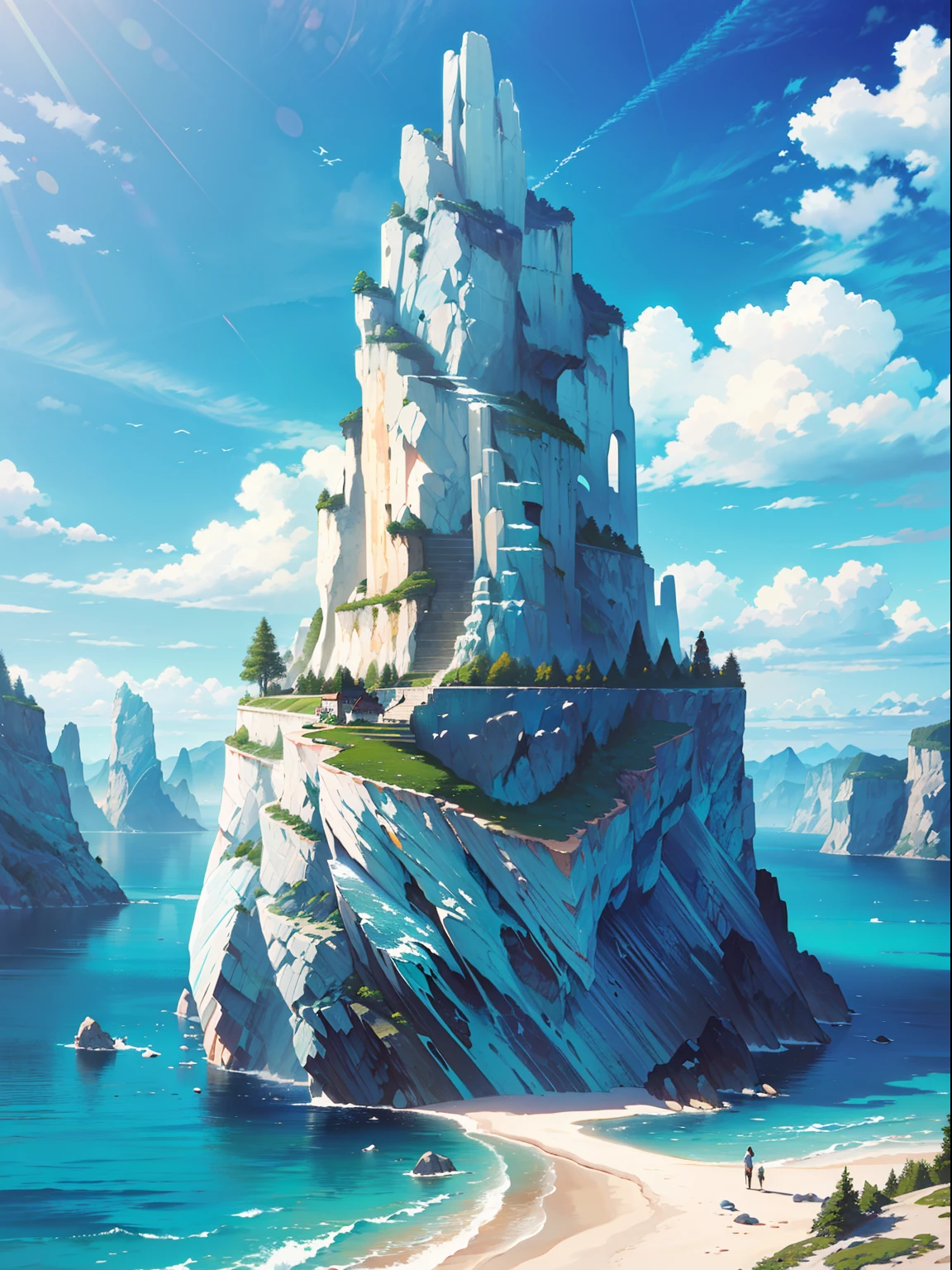 ({{A high resolution,}},Masterpiece,Ultra-detailed,Best quality,8K)Cloud, sky, scenery, day, Blue_sky, Mountain, Cloudy_sky, Outdoors, waterfallr, fantasy, horizon, cliff, rock music, water, landscape, mountainous_horizon, Ocean, tree, River, Floating_Island