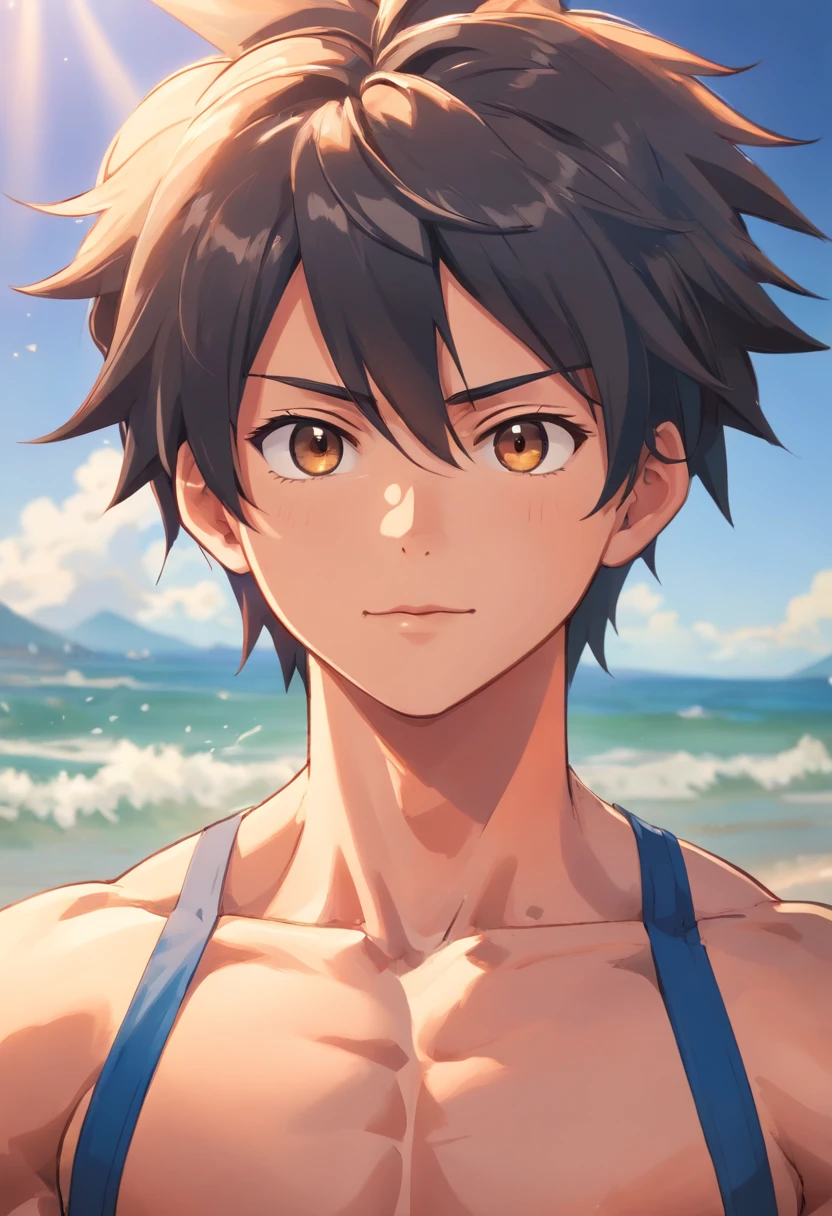 A hyper-realistic, 15-year-old boy with cinnamon-brown skin, Athletic Tone Body Straight Hair,Serious male thoughtful observer tienviste blue school swimsuit, Mokkori,white backgrounid