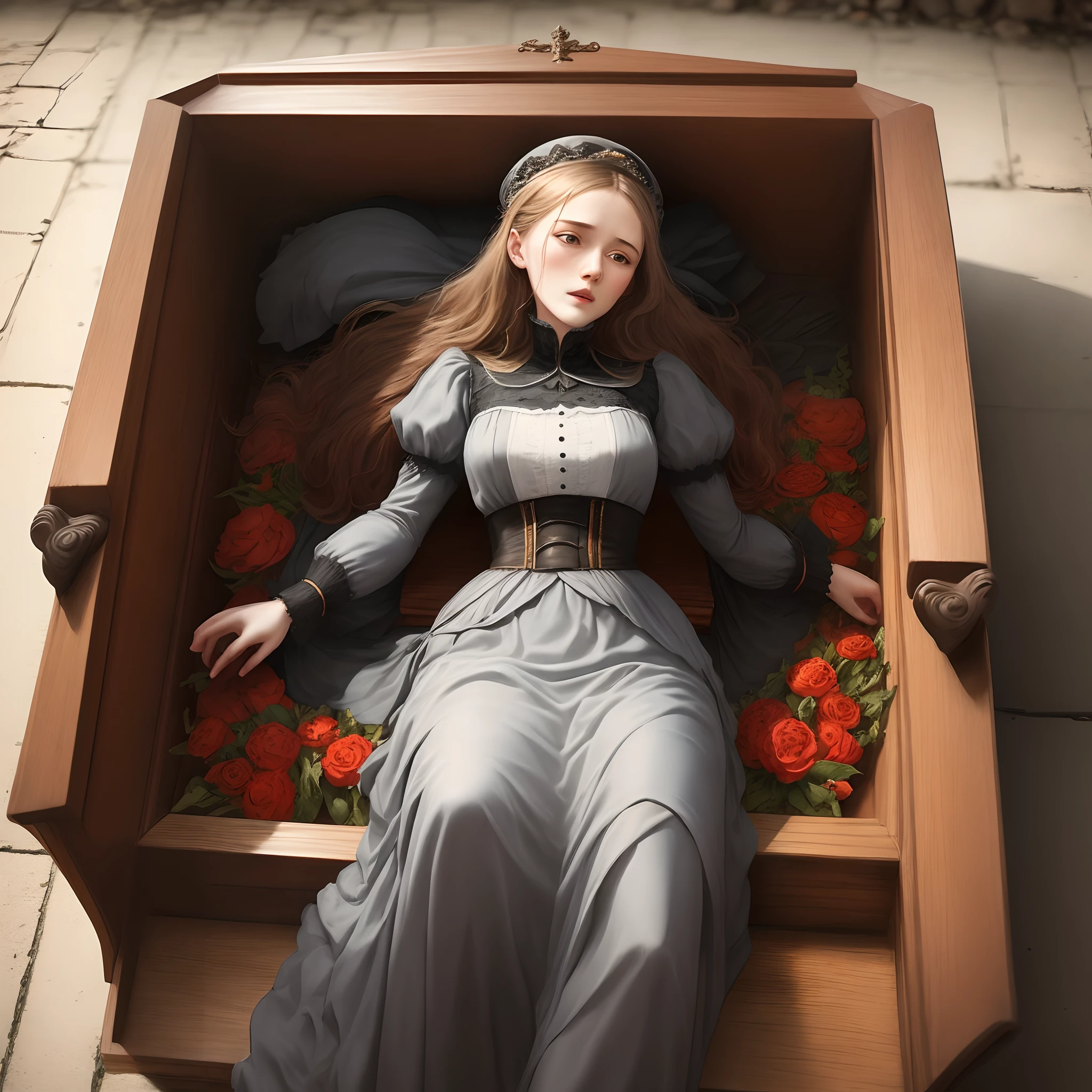"(((1 chica de cabello rojo, ojos dorados, Acostada (((inside a coffin))), Vestida de novia)))"