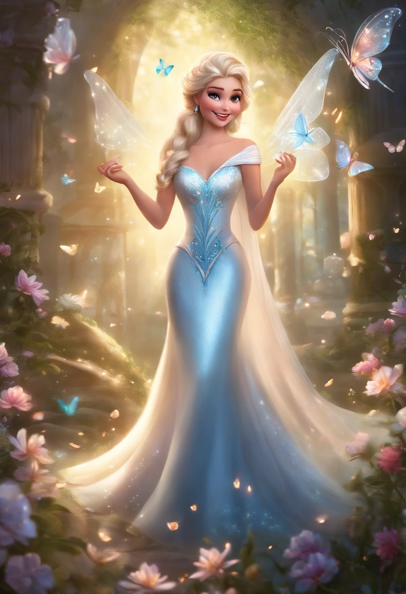 Disney princess in a white dress surrounded by butterflies, Beautiful Elsa, with frozen flowers around her, princess of light, very magical and dreamy, Elsa Frozen, Disney Concept Art, Disney Art Style, Frozen Elsa, Shine with magic, magically glowing, fantasy gorgeous lighting, lady with glowing flowers dress, magical concept art, smiling as a queen of fairies, ethereal fairy tale