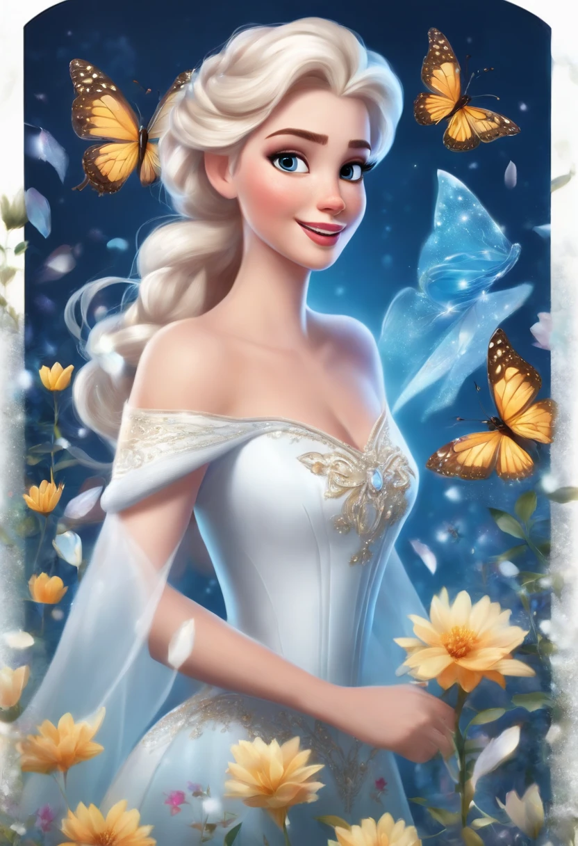 Disney princess in a white dress surrounded by butterflies, Beautiful Elsa, with frozen flowers around her, princess of light, very magical and dreamy, Elsa Frozen, Disney Concept Art, Disney Art Style, Frozen Elsa, Shine with magic, magically glowing, fantasy gorgeous lighting, lady with glowing flowers dress, magical concept art, smiling as a queen of fairies, ethereal fairy tale