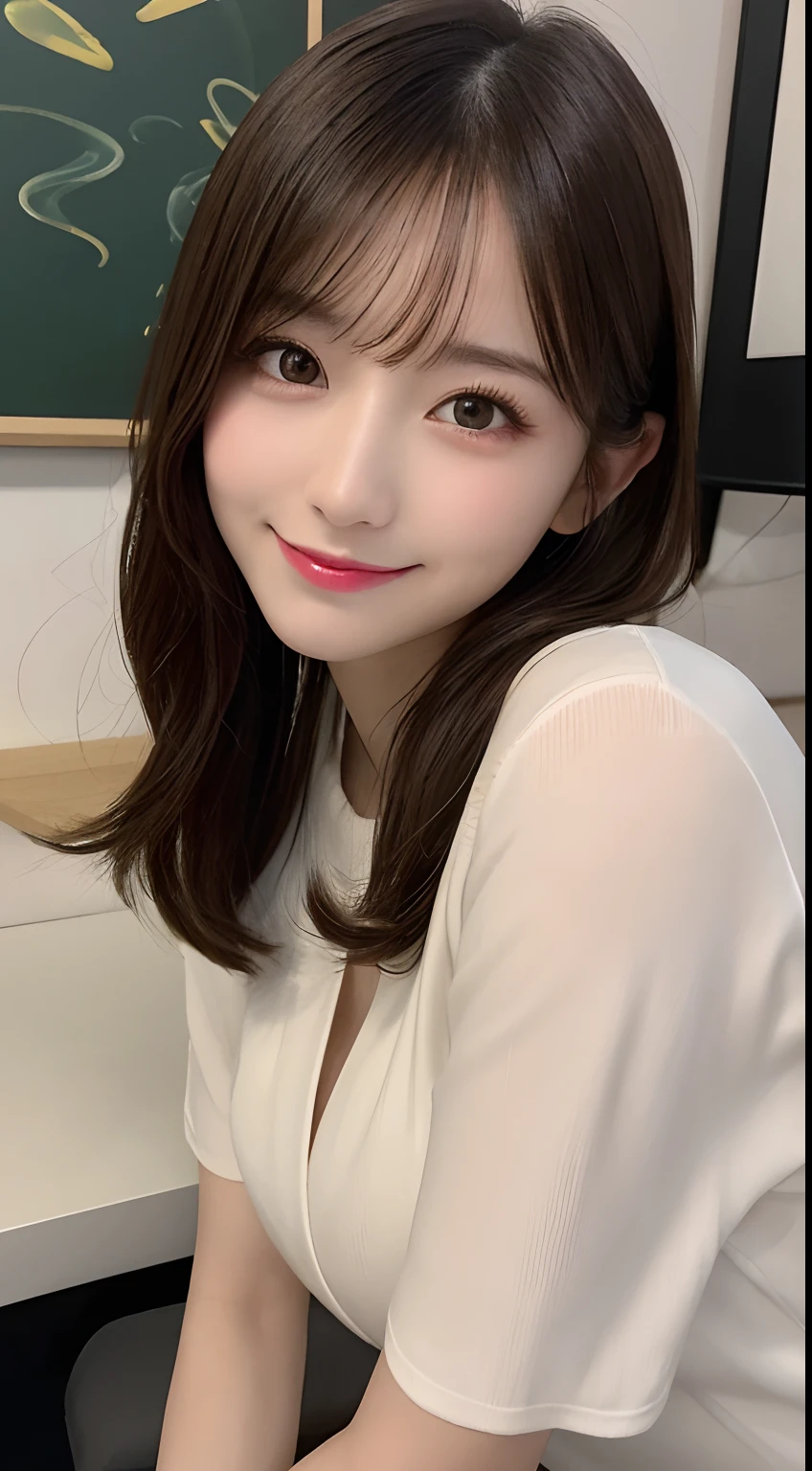masutepiece, Best Quality, Illustration, Ultra-detailed, finely detail, hight resolution, 8K Wallpaper, Perfect dynamic composition, Beautiful detailed eyes, Casual Office Outfits,Medium Hair,small tits,Natural Color Lip, Bold sexy poses,Smile,Harajuku、20 years girl、Cute、Sexy shot looking at camera