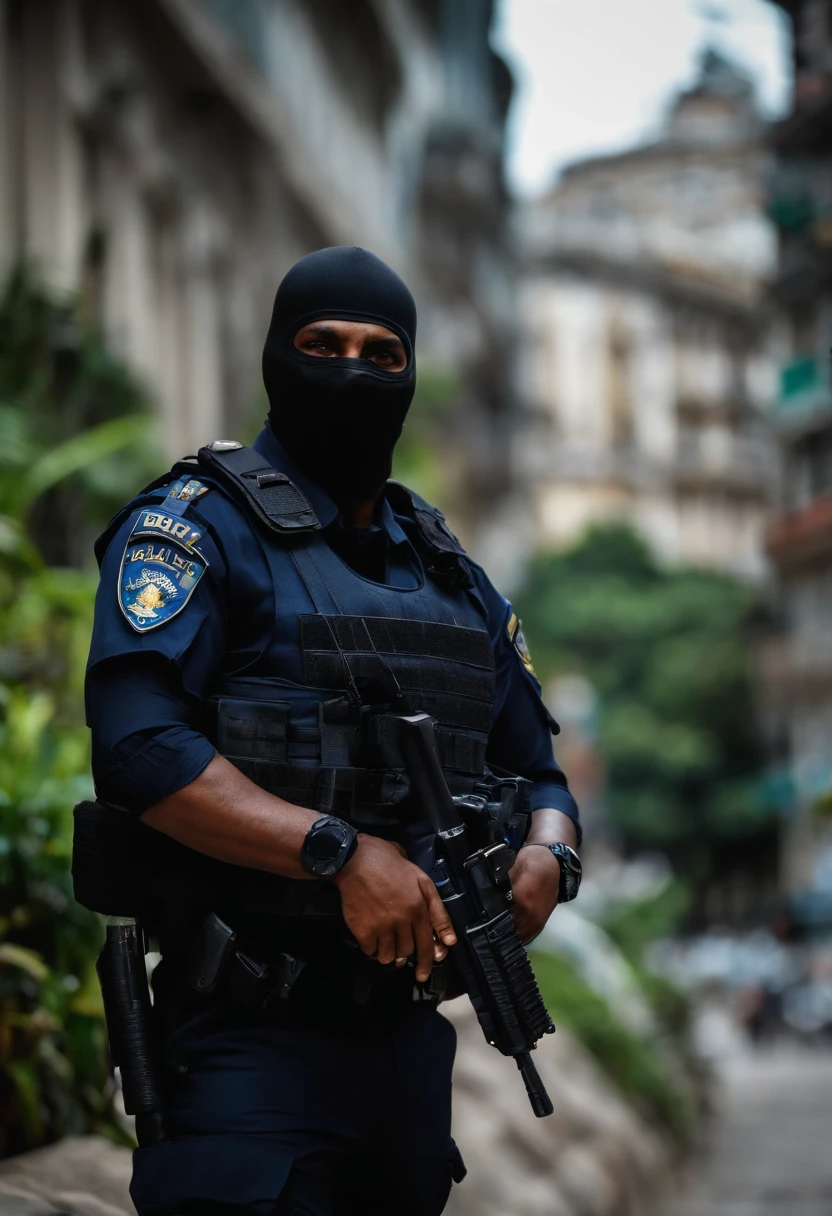 Policial do Bope rio de janeiro vestido com colete preto e rosto carioca e balaclava, cobrindo todo o rosto apenas os olhos de fora, realista