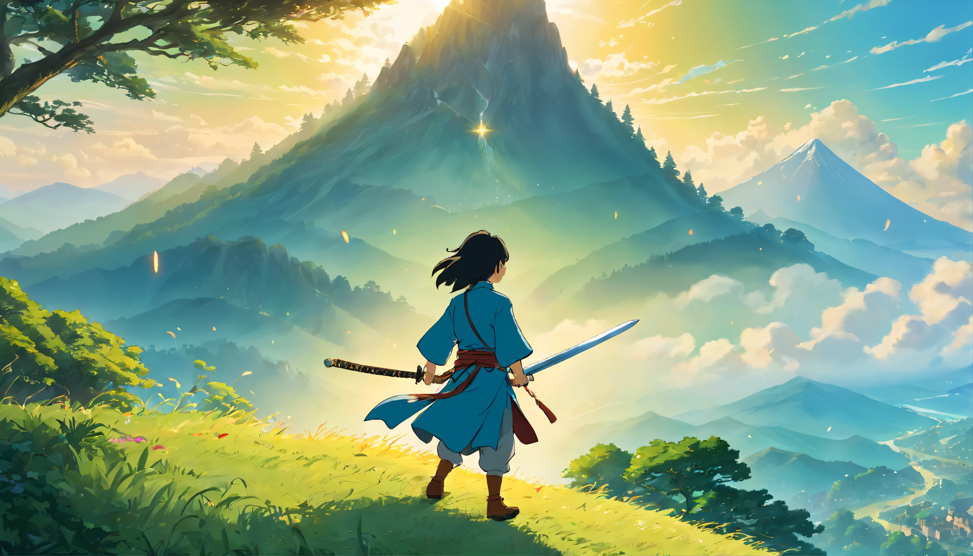 (artwork), (masterpiece), (detailed eyes), (shading), (extremely detailed CG 8k unity wallpaper), (wit studio indirect lighting), (amazing drawn illustration), (best illustrative performance)Mountains as far as the eye can see,Shaded by trees,The sun shines on the top of the mountain。A young and brave swordsman,Stand on top of the mountain with passion and perseverance,He is practicing his swordsmanship,The sword light flickered,Long black hair fluttering in the wind
