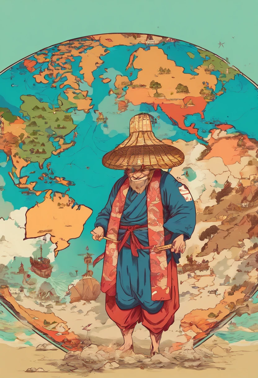hokusai style, style of hokusai, ukiyoe painting,、Artistically、(world map:1.6)