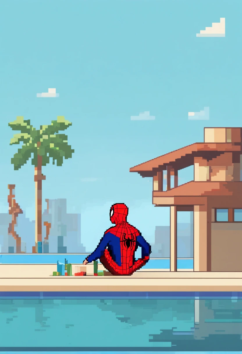 A young bearded swimming teacher with Spiderman shirt and Spiderman swim cap, na beira da piscina, Watching the kids swim.