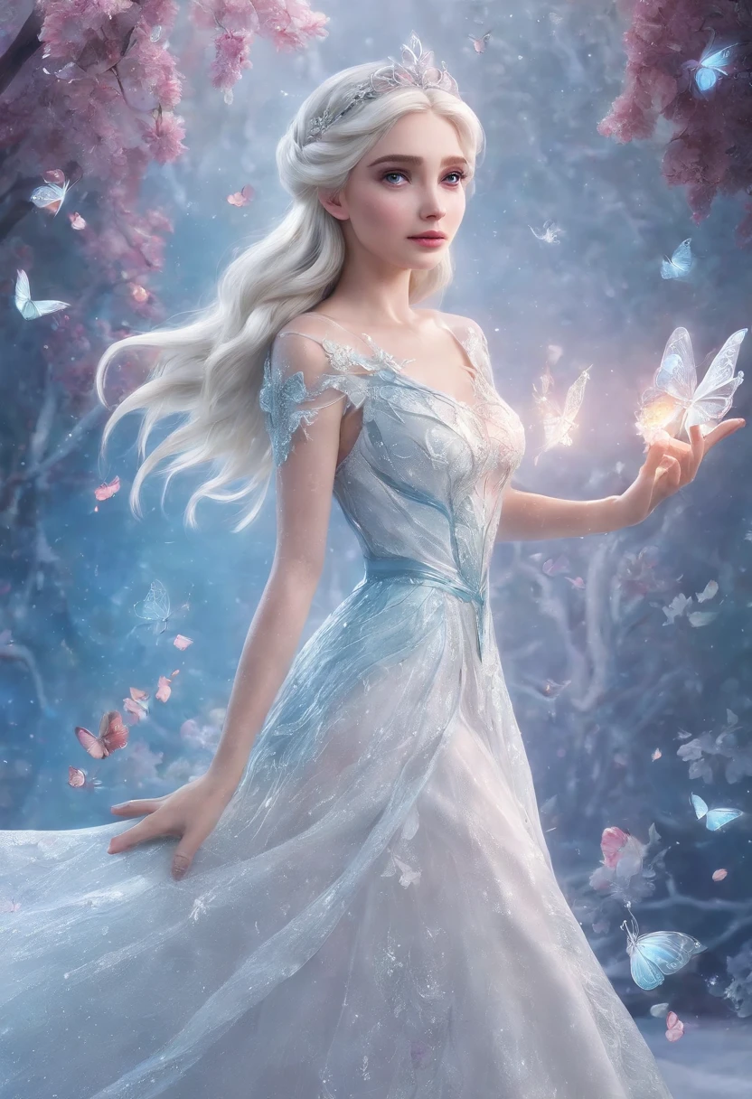 Disney princess in a white dress surrounded by butterflies, Beautiful Elsa, with frozen flowers around her, princess of light, very magical and dreamy, Elsa Frozen, Disney Concept Art, Disney Art Style, Frozen Elsa, Shine with magic, magically glowing, fantasy gorgeous lighting, lady with glowing flowers dress, magical concept art, smiling as a queen of fairies, ethereal fairy tale
