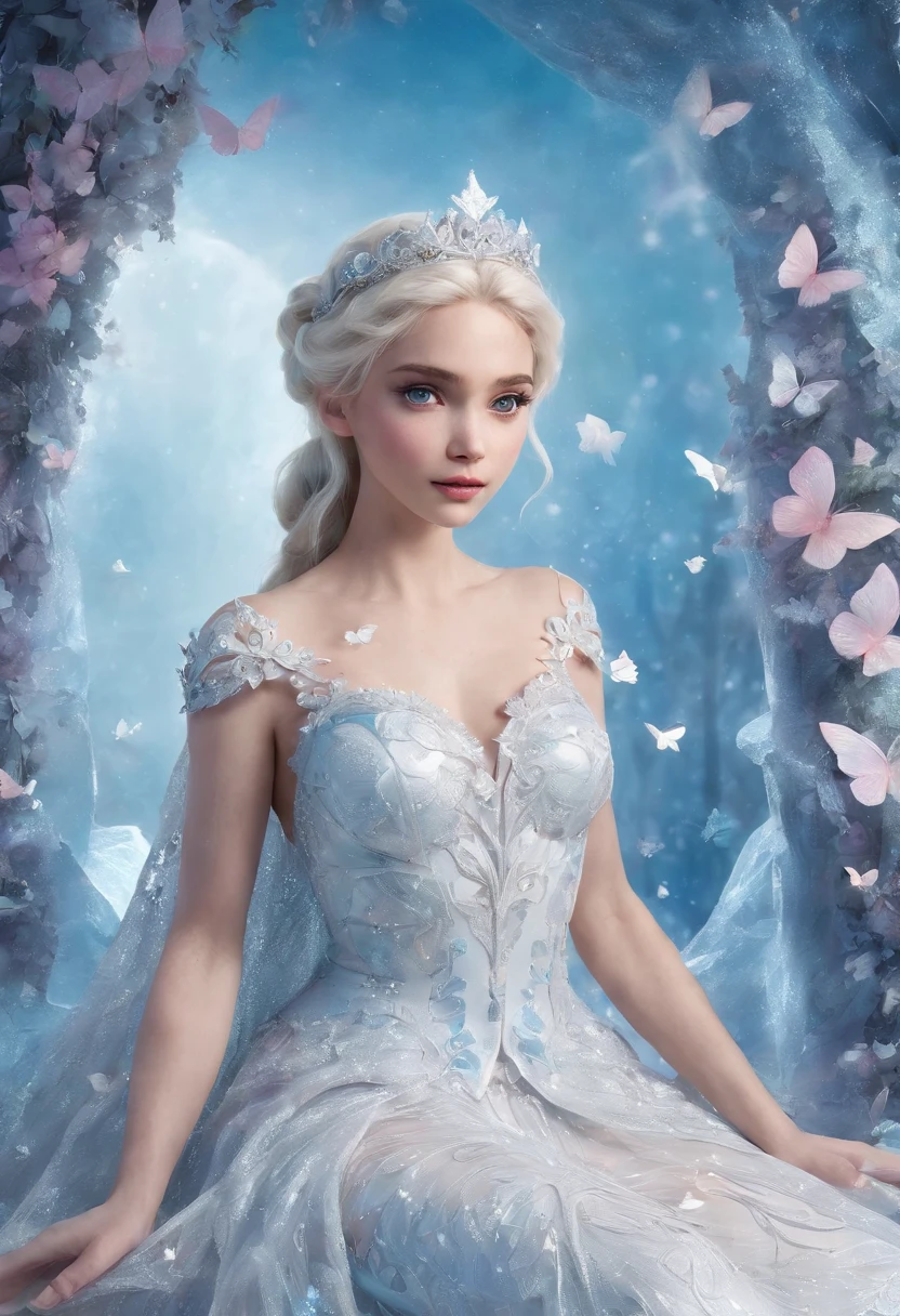 Disney princess in a white dress surrounded by butterflies, Beautiful Elsa, with frozen flowers around her, princess of light, very magical and dreamy, Elsa Frozen, Disney Concept Art, Disney Art Style, Frozen Elsa, Shine with magic, magically glowing, fantasy gorgeous lighting, lady with glowing flowers dress, magical concept art, smiling as a queen of fairies, ethereal fairy tale