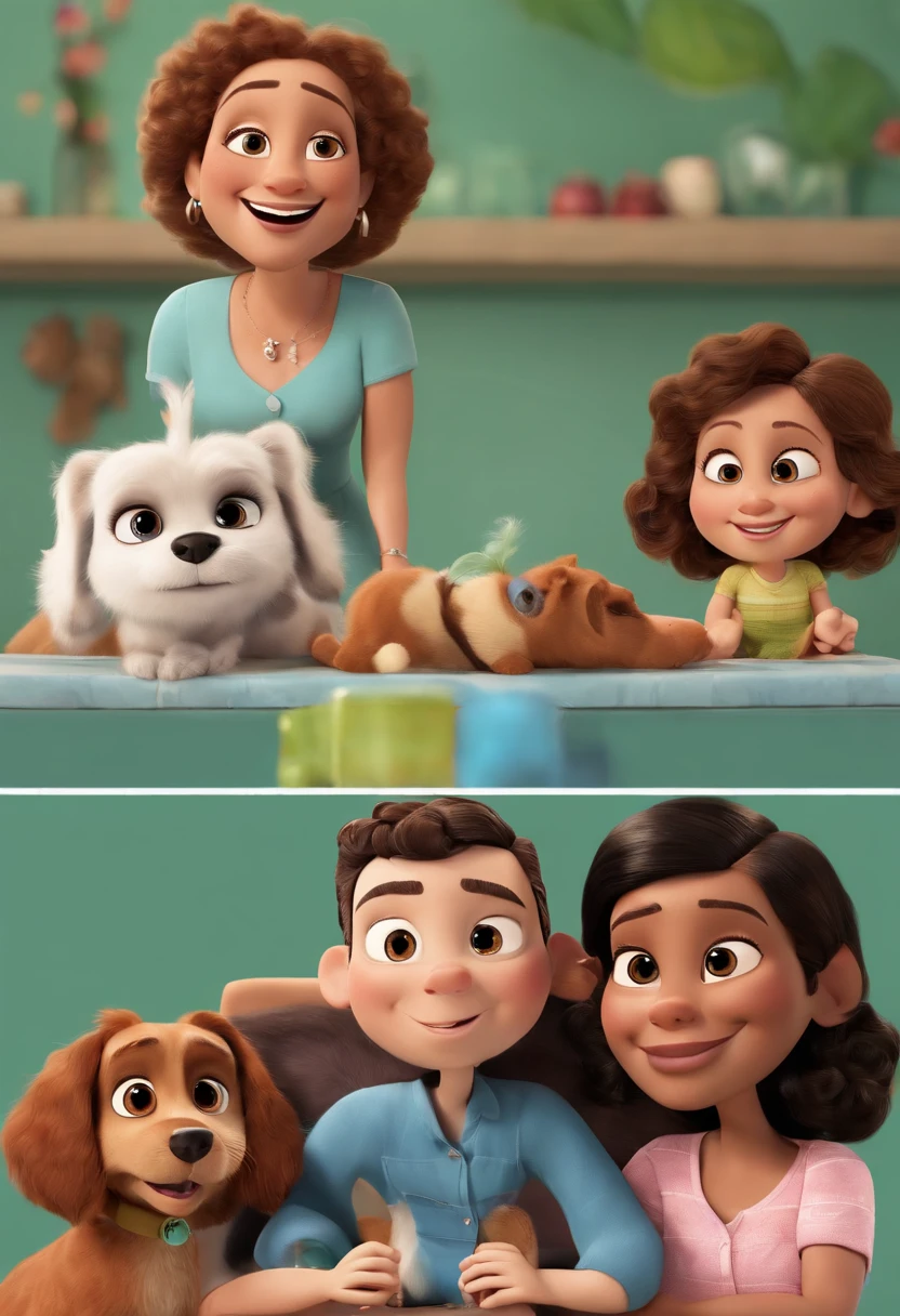 Pixar. Um casal de gays, Two women who are a gay couple with 2 brown, uma cadela branca e 1 cachorro malhado branco e marrom e 1 gata peluda cinza. First woman is white has dark brown hair, olhos castanhos com 40 anos, Big haired friendly. The second woman and mulatto is a young woman with short dark brown hair with black style curls, com 33 anos, Nice, olhos castanhos e ama sua companheira. They're both smiling, With all the dogs and cat cuddling, All together and happy as a family.