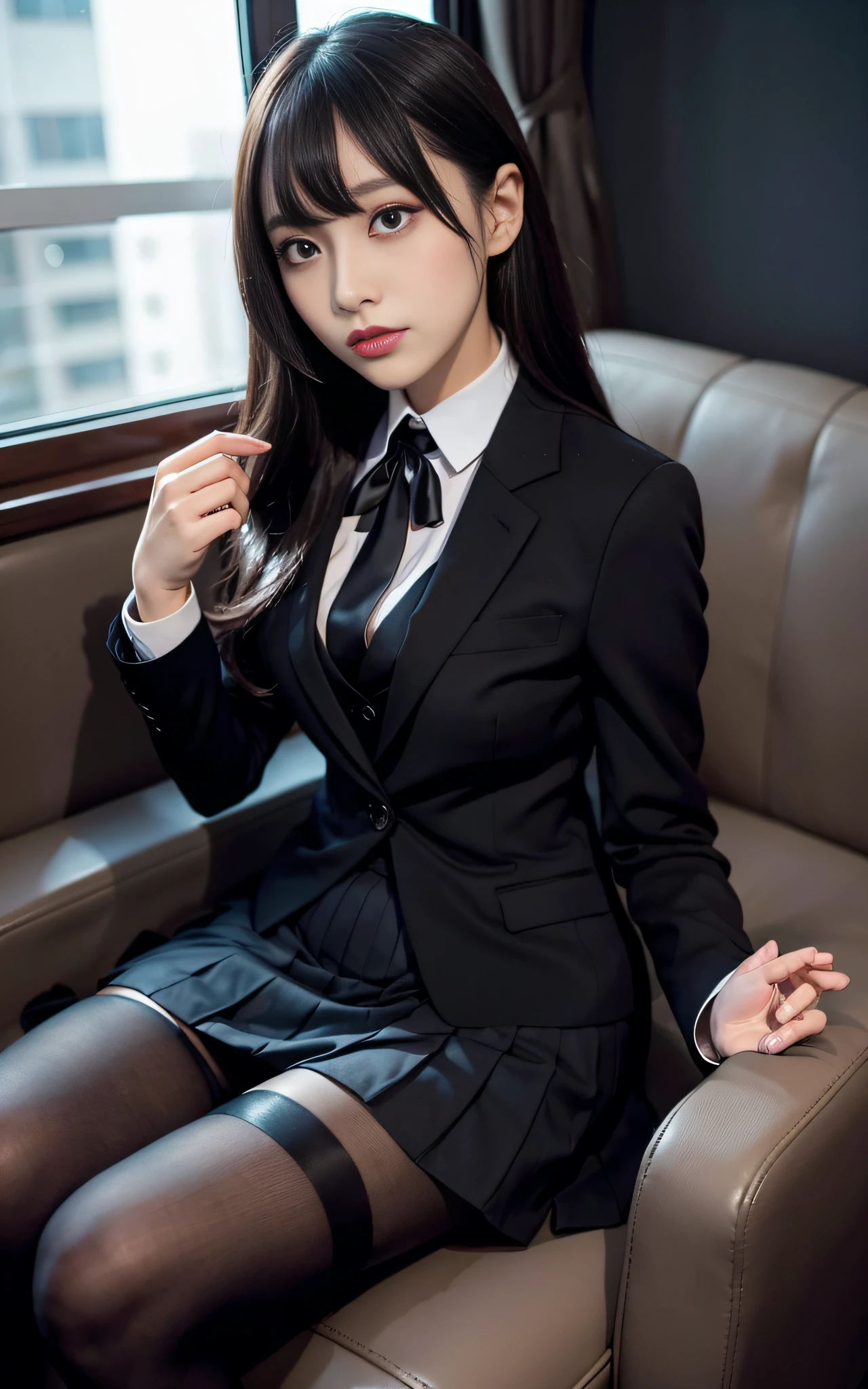 8K RAW photo, high resolution, ful body, 17 year old cool Korean, big round breasts, school uniform, tie, tie ribbon, blazer, skirt, beautiful eyes in detail, long eyelashes, beautiful double eyelids, eye shadow, slit eyes, sanpaku eyes, dark eye makeup, smile, open mouch, beautiful thin leglack pantyhose)), black hair, long twintails hair, round, earrings, bed, geek glasses, lying, condom on bed, show panties, spread legs, black panties, ((black laofers:1.3)), ((sky from bellow:1.3))