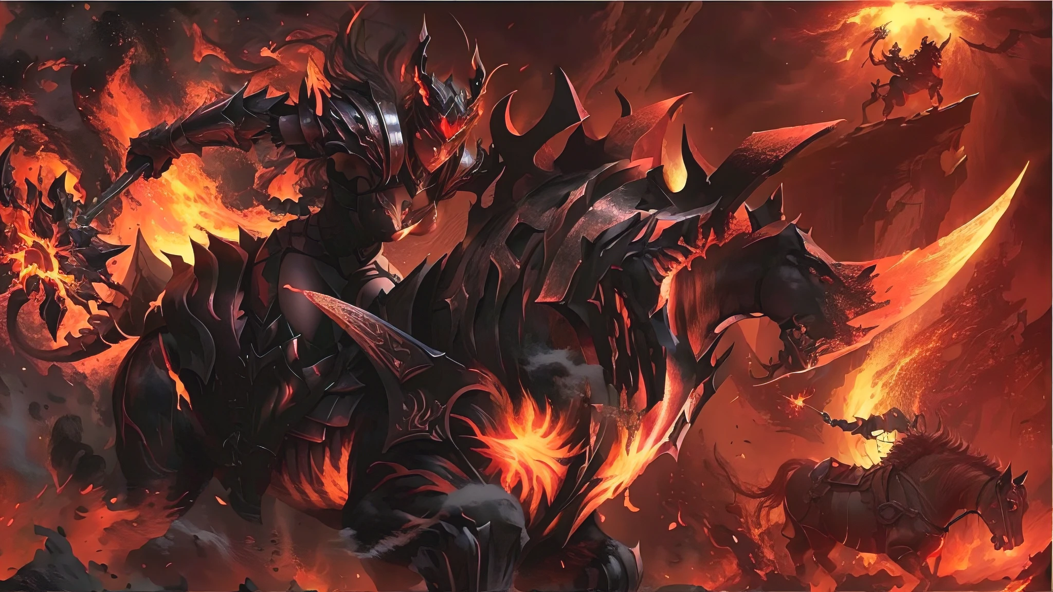 (a girl riding a flaming horse) [flames, heavy armor, war horse, hell's ruler, flame-summoning armor, king of cinders, raging inferno and destruction, fiery reflections on armor, Dota 2 concept art]. The artwork depicts a close-up shot of a fierce and intimidating girl mounted on a war horse engulfed in roaring flames. The girl wears a set of heavy armor with intricate flame designs, emphasizing her connection to the blazing inferno. She exudes the aura of a ruler in the depths of hell, commanding both the flames and her trusted steed. The flames that surround her and the horse evoke a sense of chaos and destruction, captivating viewers with their intensity. The armor shines with fiery reflections, accentuating its menacing appearance. Inspired by Dota 2 concept art, this masterpiece of artwork combines elements of fantasy, action, and darkness, inviting viewers into a world of epic battles and supernatural forces.