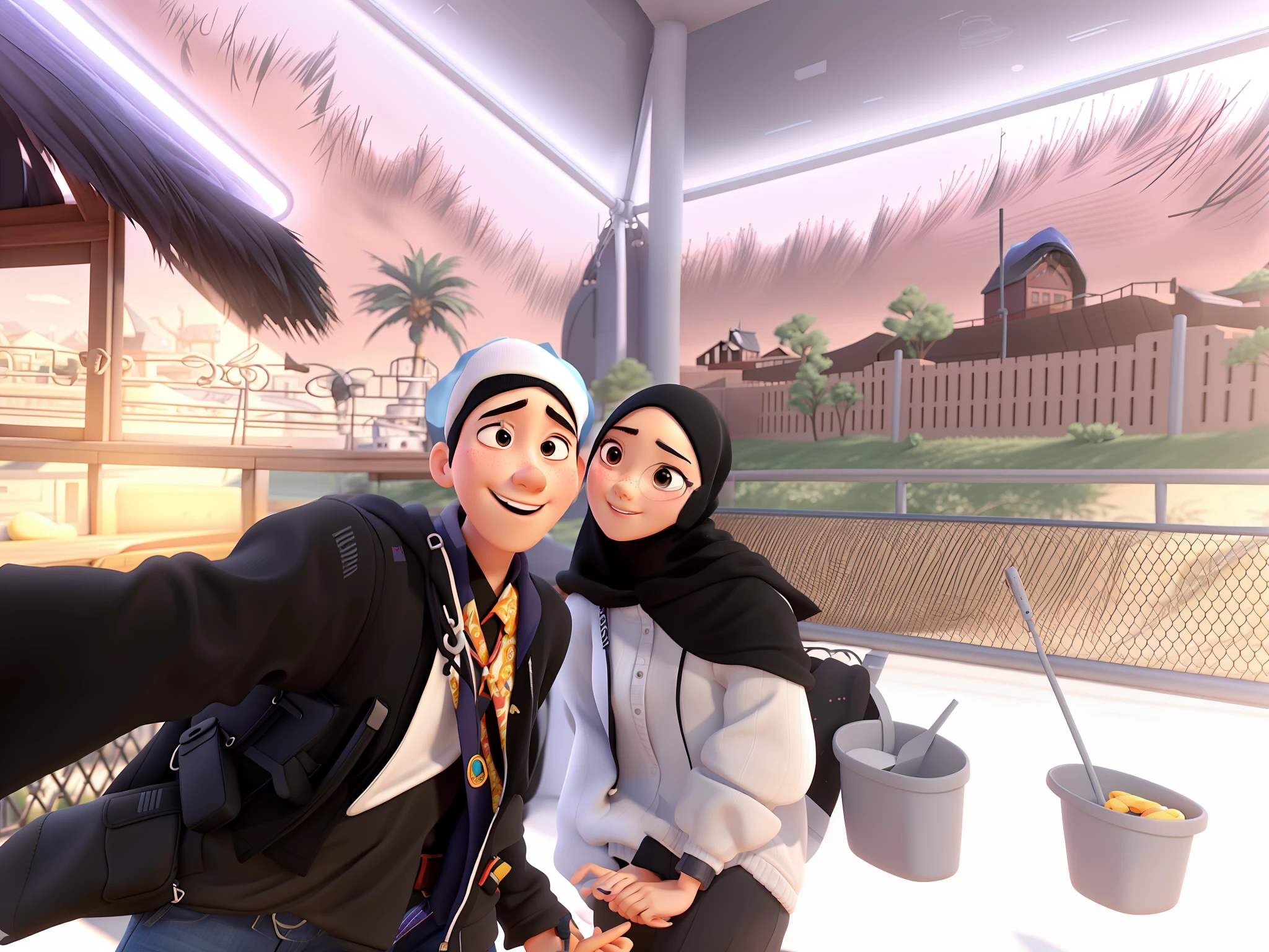PIXAR STYLE, high quality,1 girl black hijab,1 boy face korean