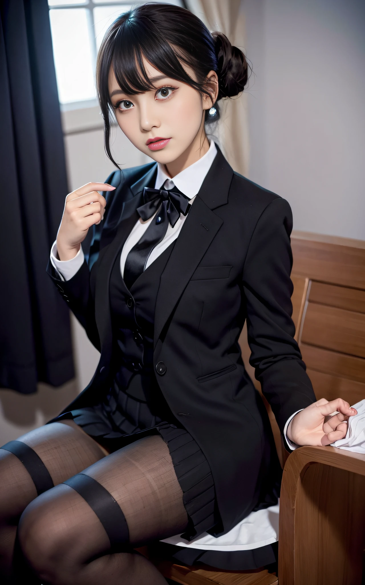 Charming beauties、thighband pantyhose、Suit jacket、Black pleated skirt、beauty legs、Dyed in darkness、lacy fabric、Brainwashing makeup、brainwashed、Hollow eyes