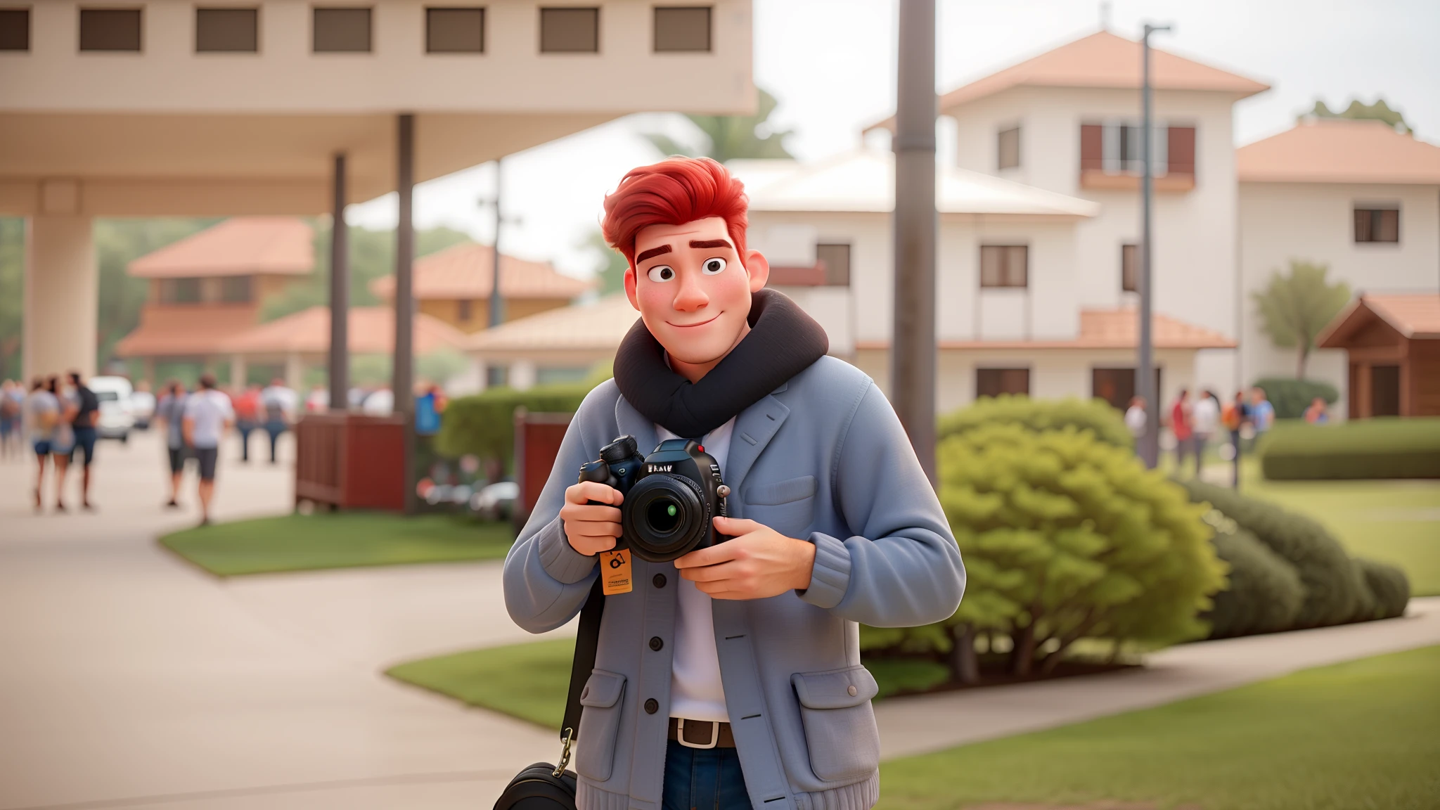 There's a pixar-style red-haired man holding a camera on the street, fotografia, Foto profissional, professional photographie, imagem profissional, imagem profissional, Retrato tirado 8 K, Fotografado profissional, foto retrato, posing elegantly on camera, outdoors business portrait, foto retrato, Foto DSLR de alta qualidade, foco em primeiro plano