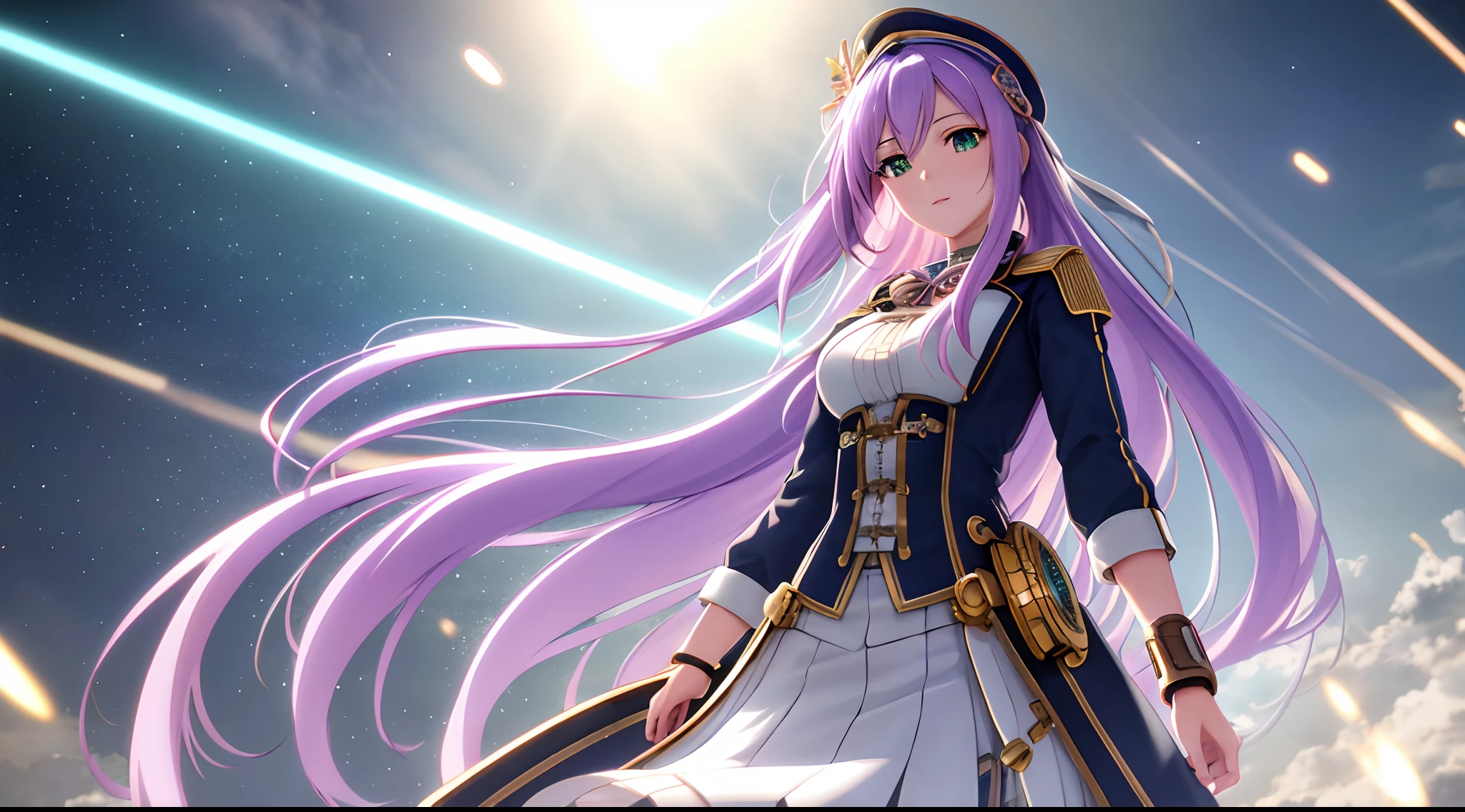 Athena with plain long light purple hair,hair between eyes,green eyes,rosy cheeks,full lips,thin eyebrows,slender body,wearing purity knit dress and full long skirt,cute anime girl,full body,steampunk civilization in background,anime style,extremely deep depth of field,Lumen Reflections,Screen Space Reflections,Diffraction Grading,Chromatic Aberration,GB Displacement,Scan Lines,Ray Traced,Anti-Aliasing,FXAA,TXAA,RTX,SSAO,Shaders,OpenGL-Shaders, GLSL-Shaders,Post Processing,Post-Production,cell Shading,Tone Mapping,CGI,VFX,SFX,insanely detailed and intricate, 4K,standing, solo, masterpiece, best quality, detailed face, detailed eyes, highres, standing, solo,masterpiece, best quality