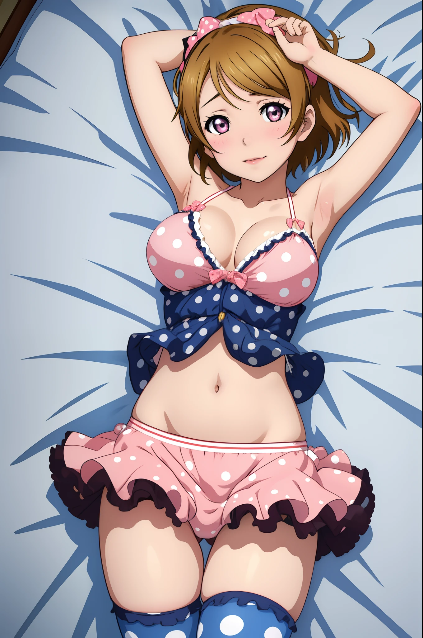 Koizumi hanayo, polka dot bikini, big breasts, standing,solo,hentai clothes, thighhighs, elbow band ,on bed,on back, from above, arms up