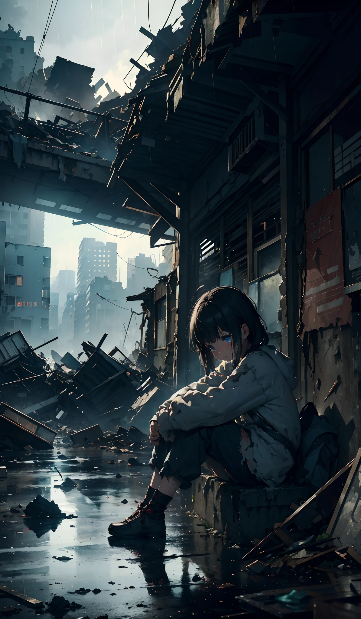 masterpiece, concept art, photography, child, 1girl, tattered clothes, teddy bear beside her, sitting, focus shot, cinematic, crying, under heavy rain, night, rubble building in the background, sad, melancholy, (epic composition, epic proportion), volumetric lighting, reflection, HD