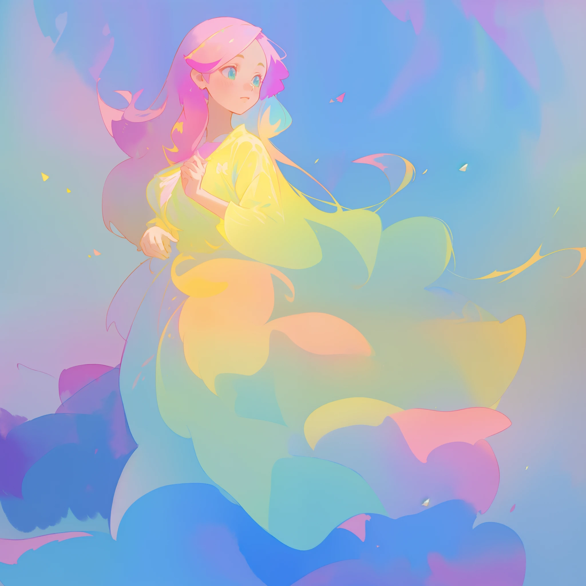 beautiful girl in flowing colorful gradient ballgown, puffy multi-layered ballgown, long flowing colorful hair, vibrant pastel colors, colorful, watercolor illustration, masterpiece, best quality, sharp focus, intricate detail, highly detailed, 8k resolution, beautiful face, golden ratio, perfection, fantasia background, otherworldly, whimsical, magical